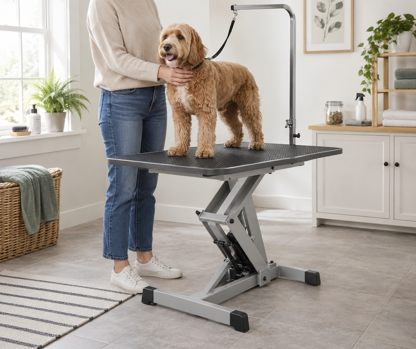 Generic adjustable-height dog grooming table with a compact scissor-lift base