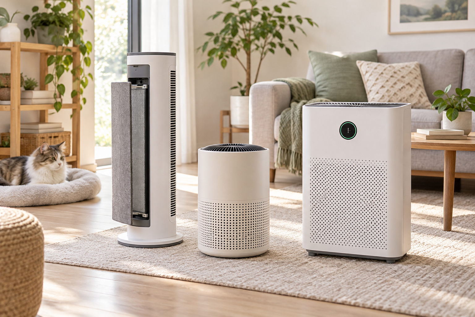 Three unbranded compact air purifier formats—a slim prefilter tower, cylindrical tabletop unit, and rectangular sensor-equipped unit—with a cat resting at a safe distance in a small living room