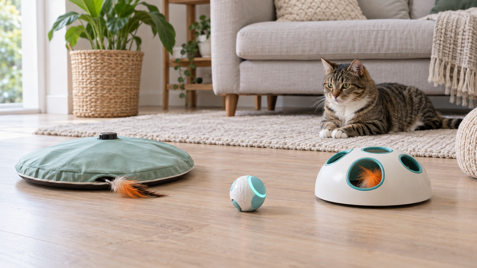 A concealed-wand toy, rolling ball toy, and multi-opening motion toy on a living-room floor while a cat watches