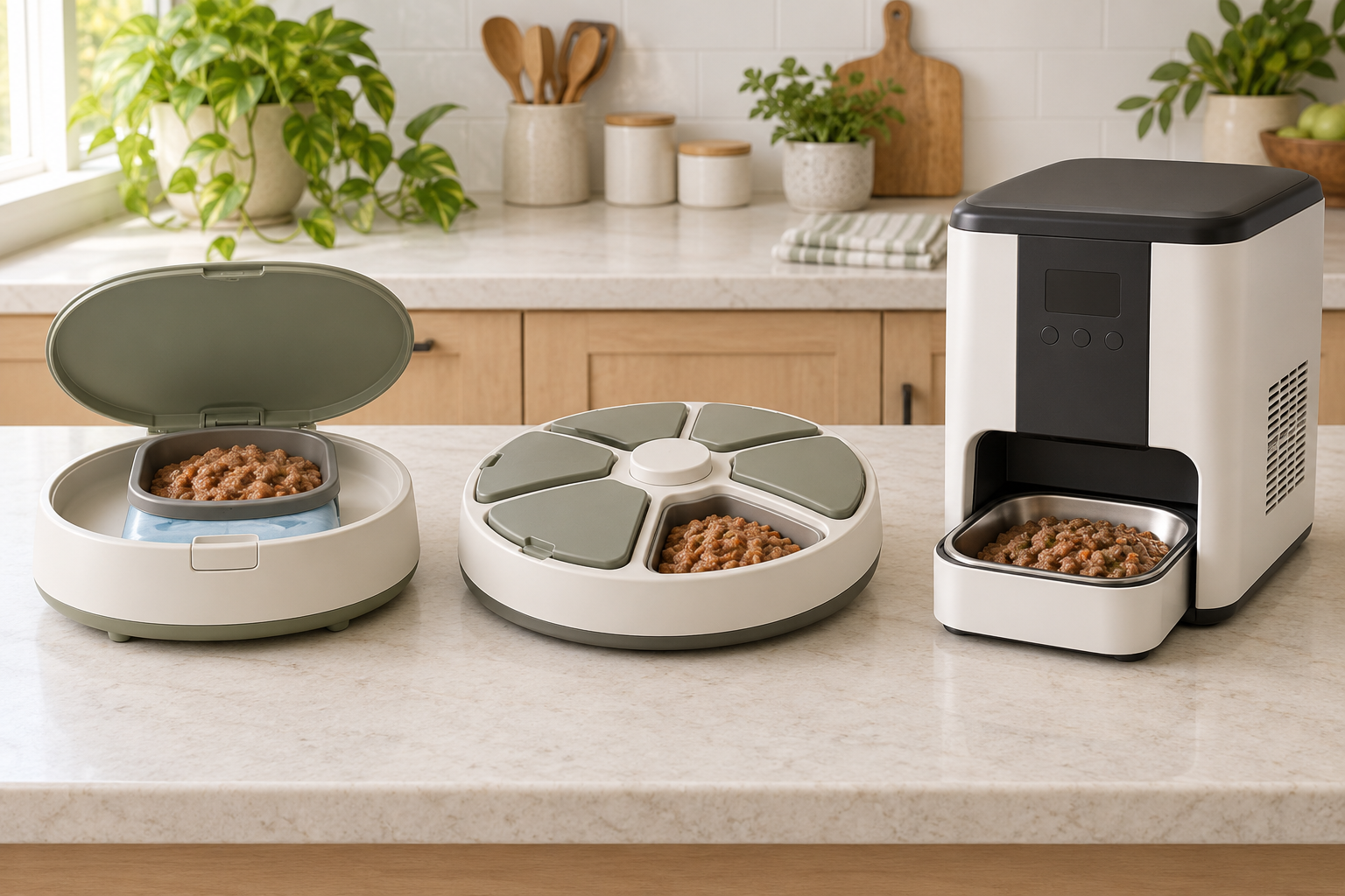 Unbranded single-lid cooling-pack feeder, rotating covered tray, and compact refrigerated wet-food feeder arranged in a bright kitchen