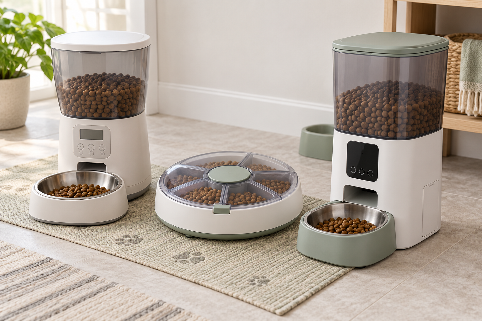 Automatic pet feeder formats for scheduled dry meals