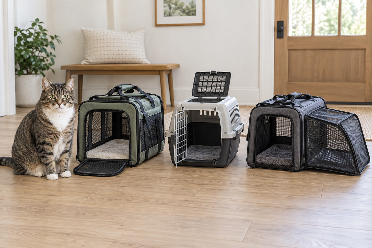 Large adult cat sitting beside a reinforced soft carrier, rigid top-opening carrier, and expandable soft carrier