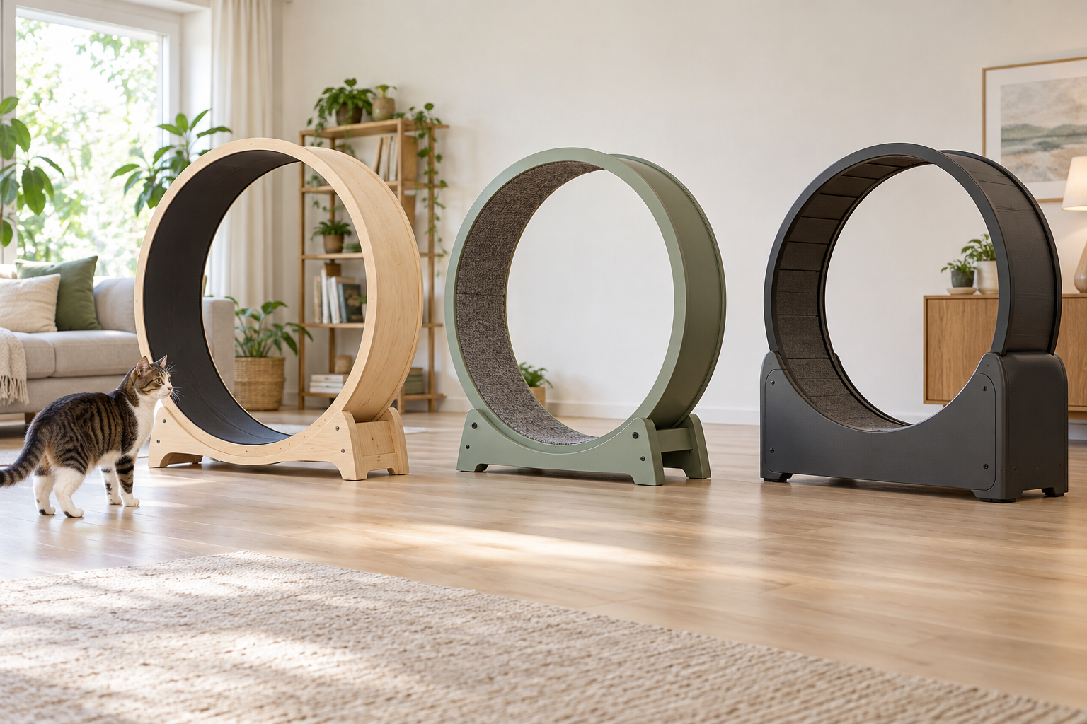 Three unbranded cat exercise wheels with a smooth track, carpeted track, and guarded base in a bright room while a cat watches from the floor