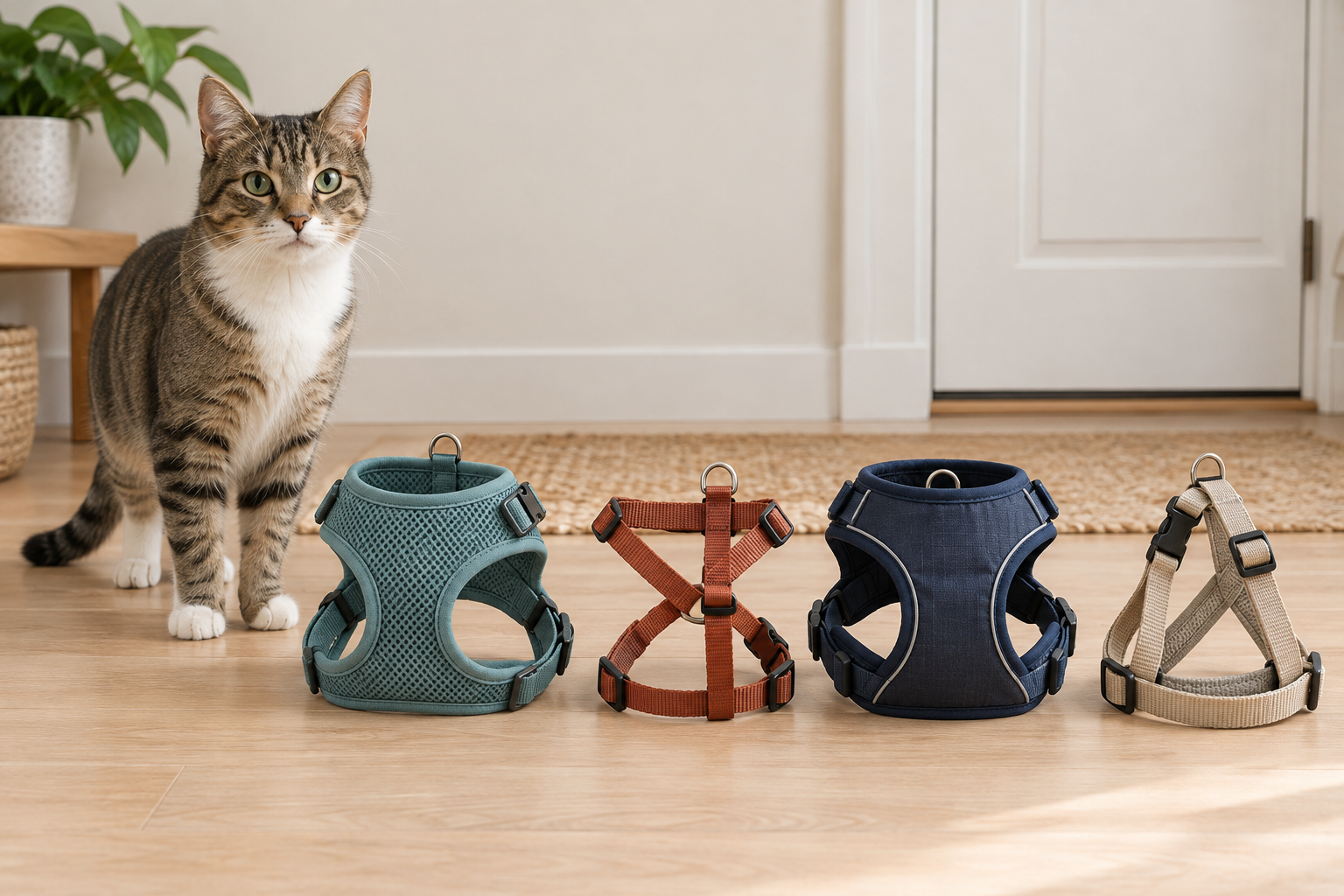 Adult tabby cat beside generic soft vest, H-style strap, jacket-style, and step-in cat harnesses