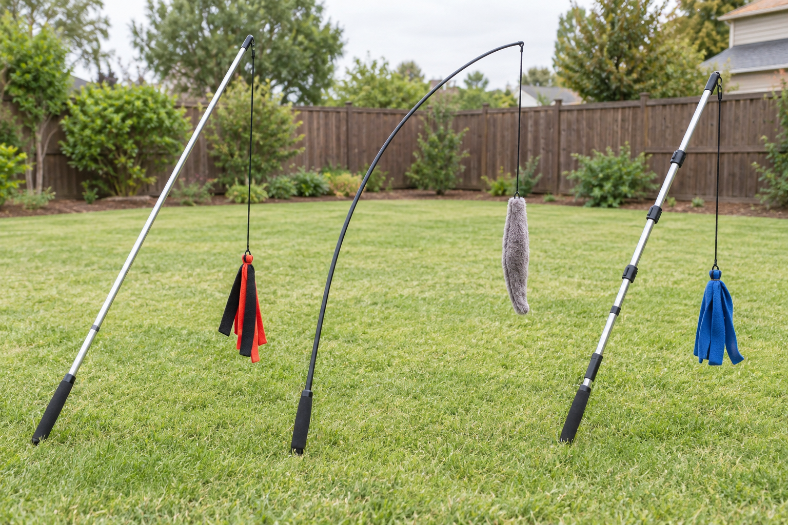 Rigid, flexible, and collapsible generic dog flirt poles arranged on grass in a clear fenced backyard