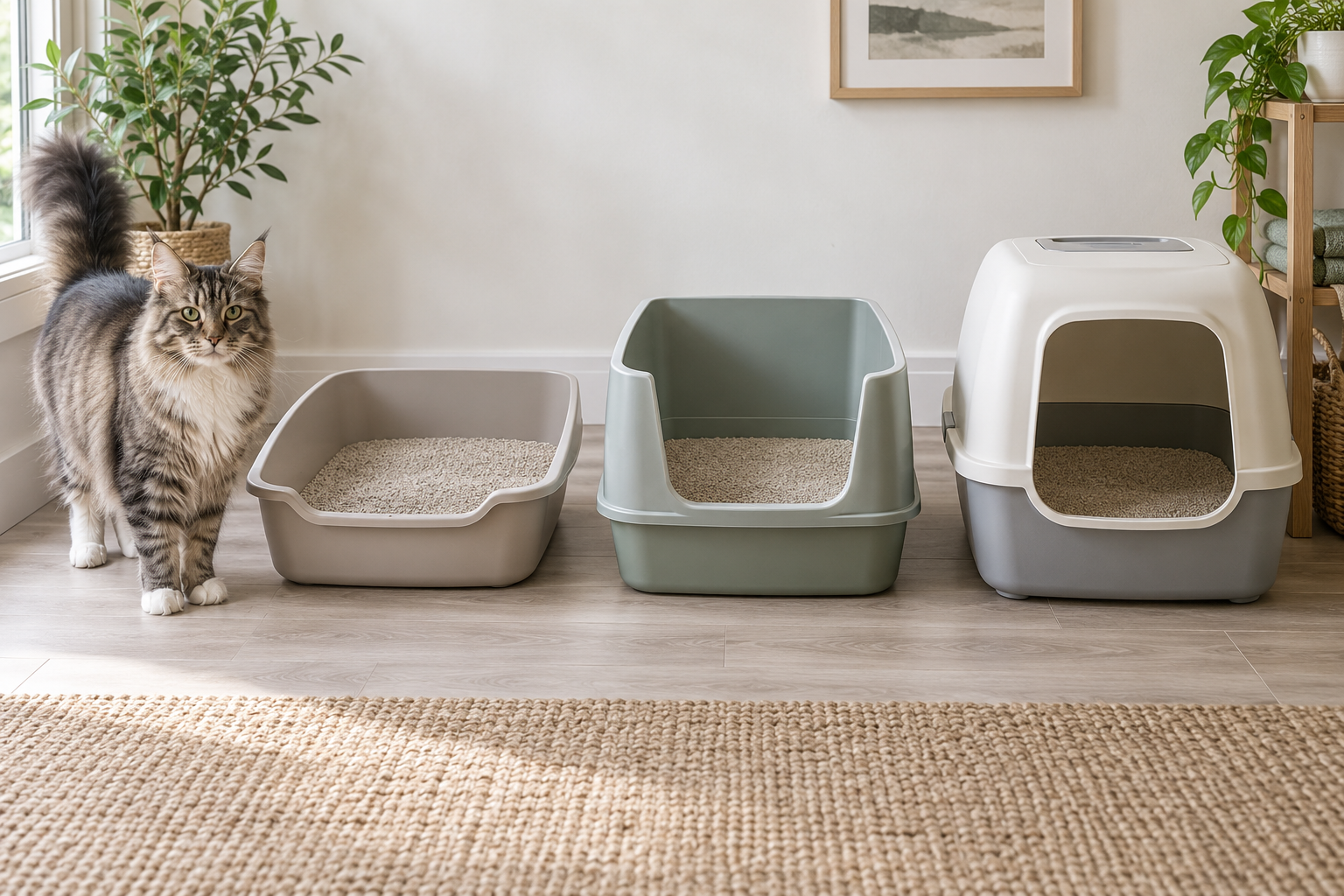 Large adult cat beside roomy open, high-sided, and enclosed litter box formats