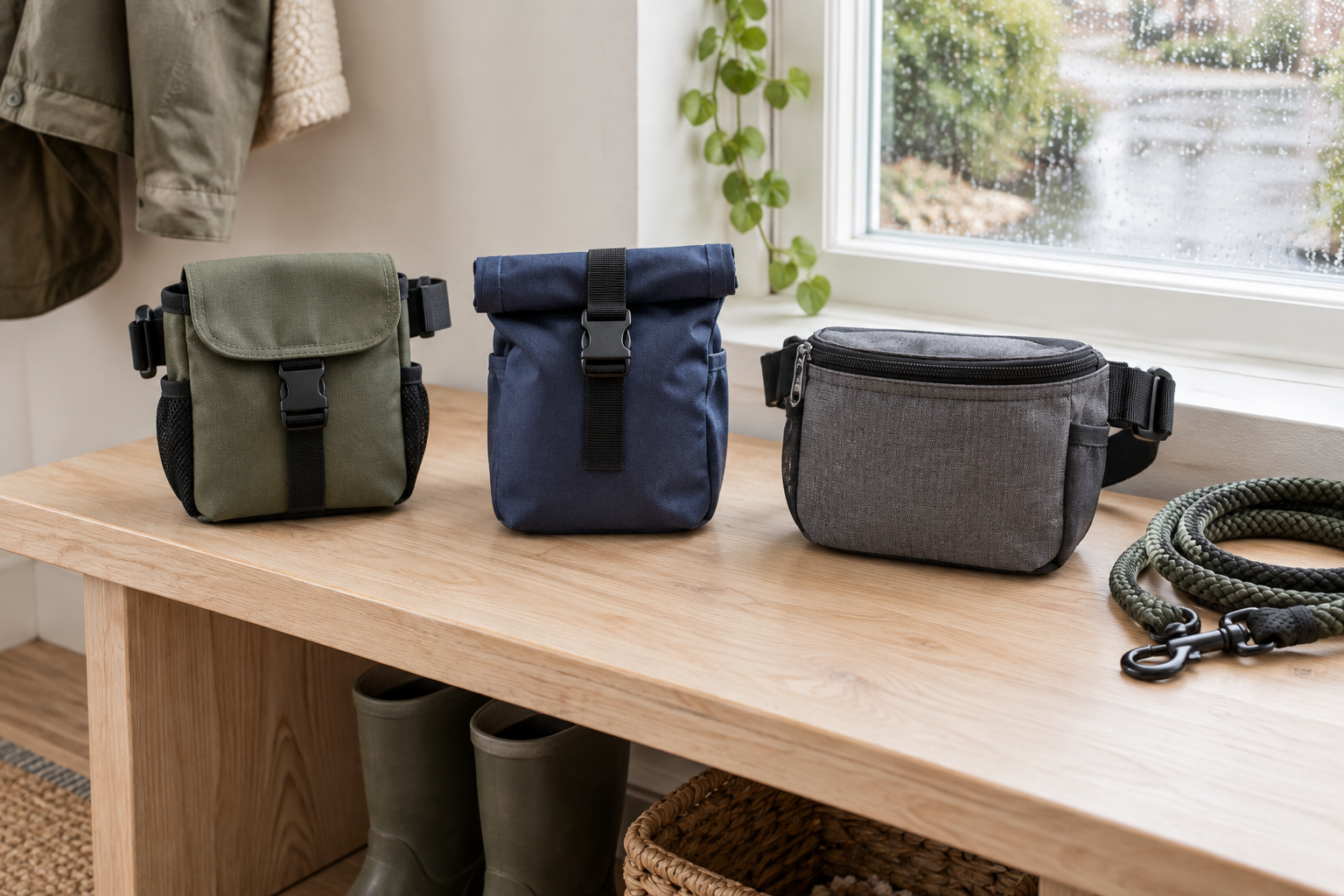 Three unbranded lidded treat pouch formats—a flap-top pouch, roll-top pouch, and zip-top waist pack—on an entryway bench beside a leash and rain-speckled window