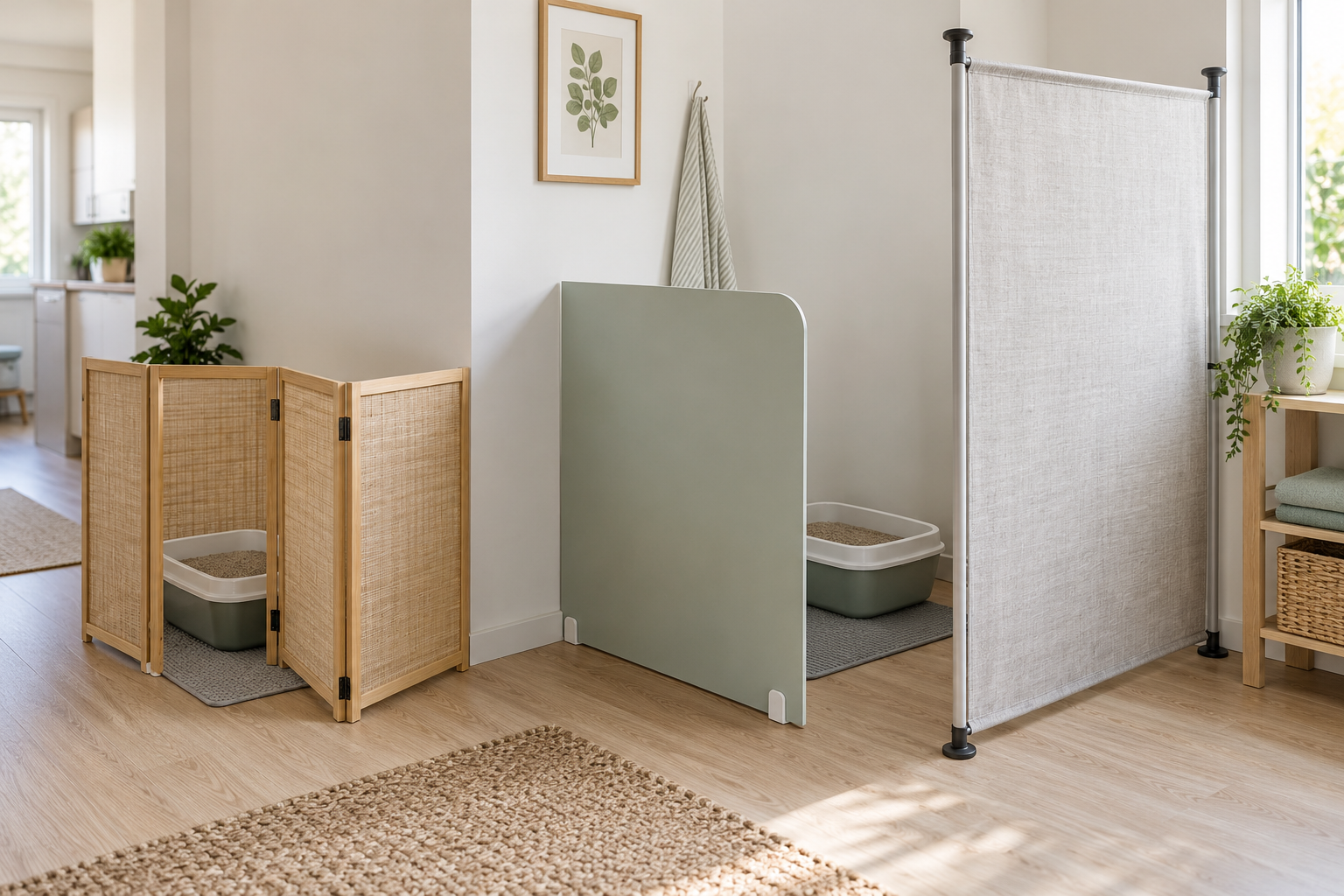 Folding wood, rigid wipe-clean, and washable fabric litter box privacy screens with open approaches in a bright apartment