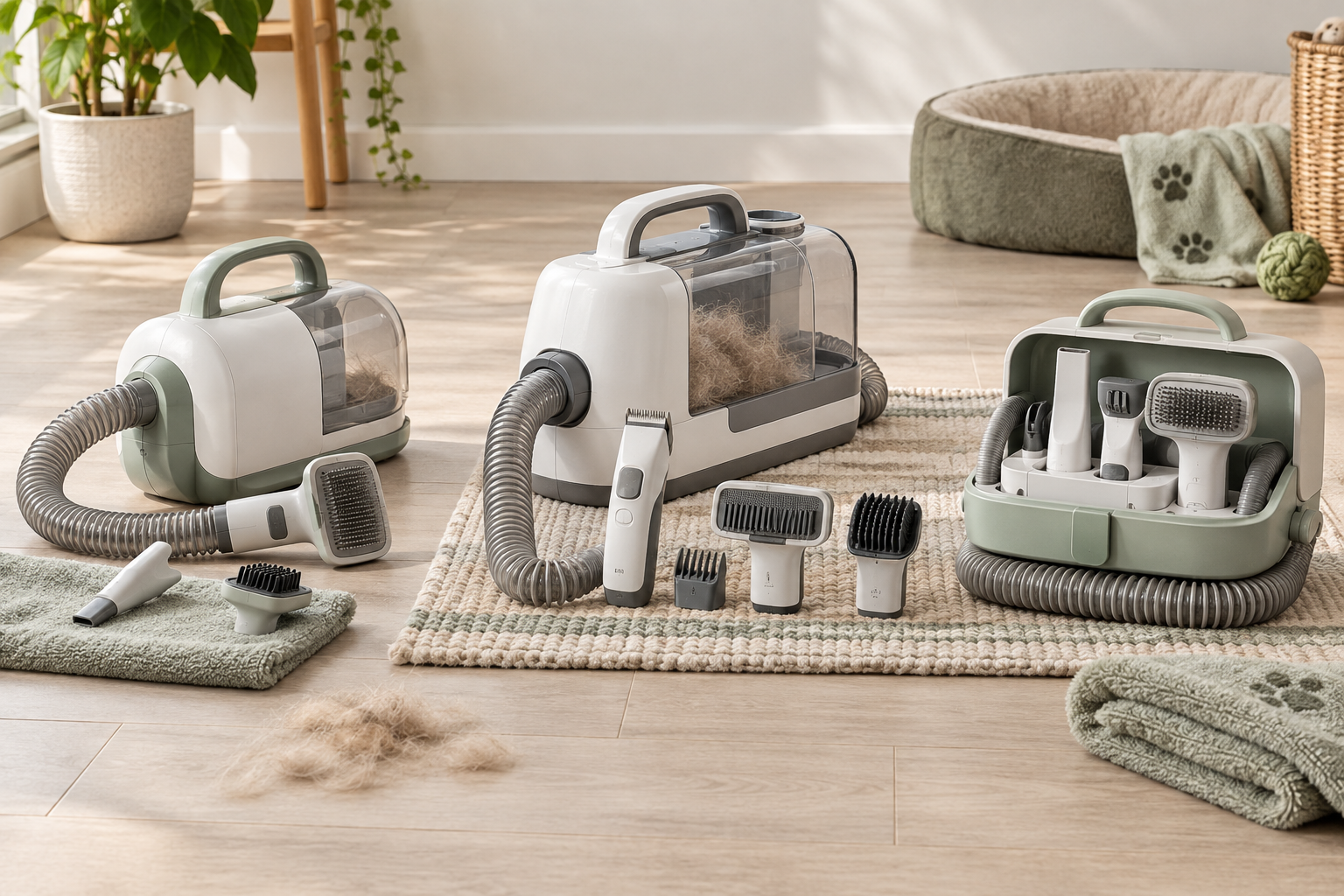 Three generic pet grooming vacuum configurations with collection canisters, hoses, brushes, and clipper-style attachments arranged in a bright home grooming area