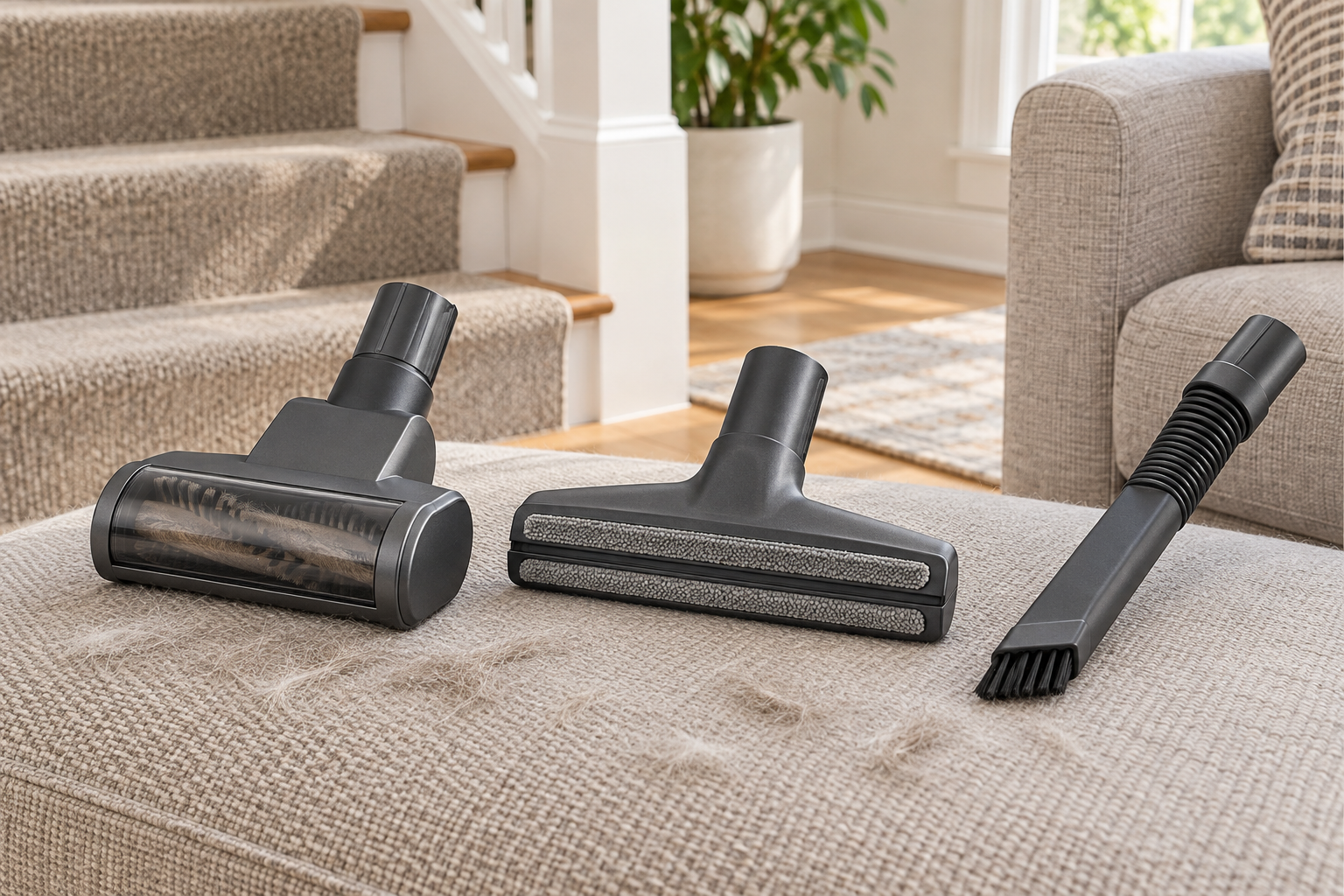 Motorized mini brush, wide upholstery tool, and narrow brush-crevice vacuum attachment on pet-hair-covered upholstery near carpeted stairs