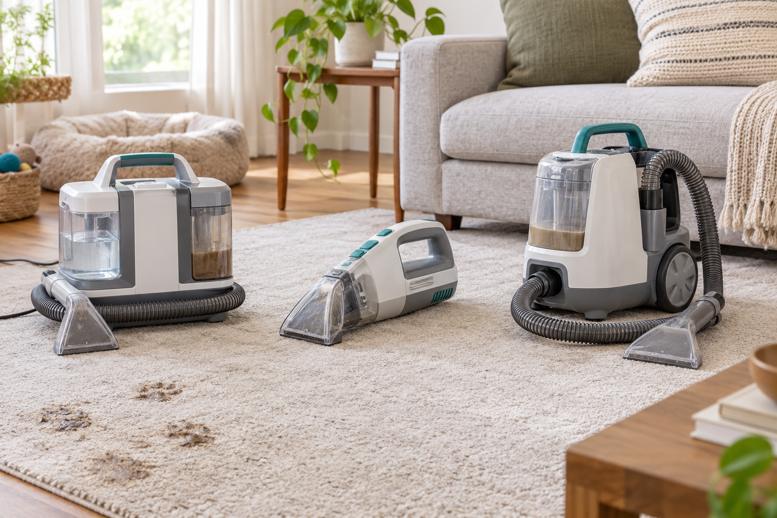Portable carpet cleaner formats for routine pet mess cleanup