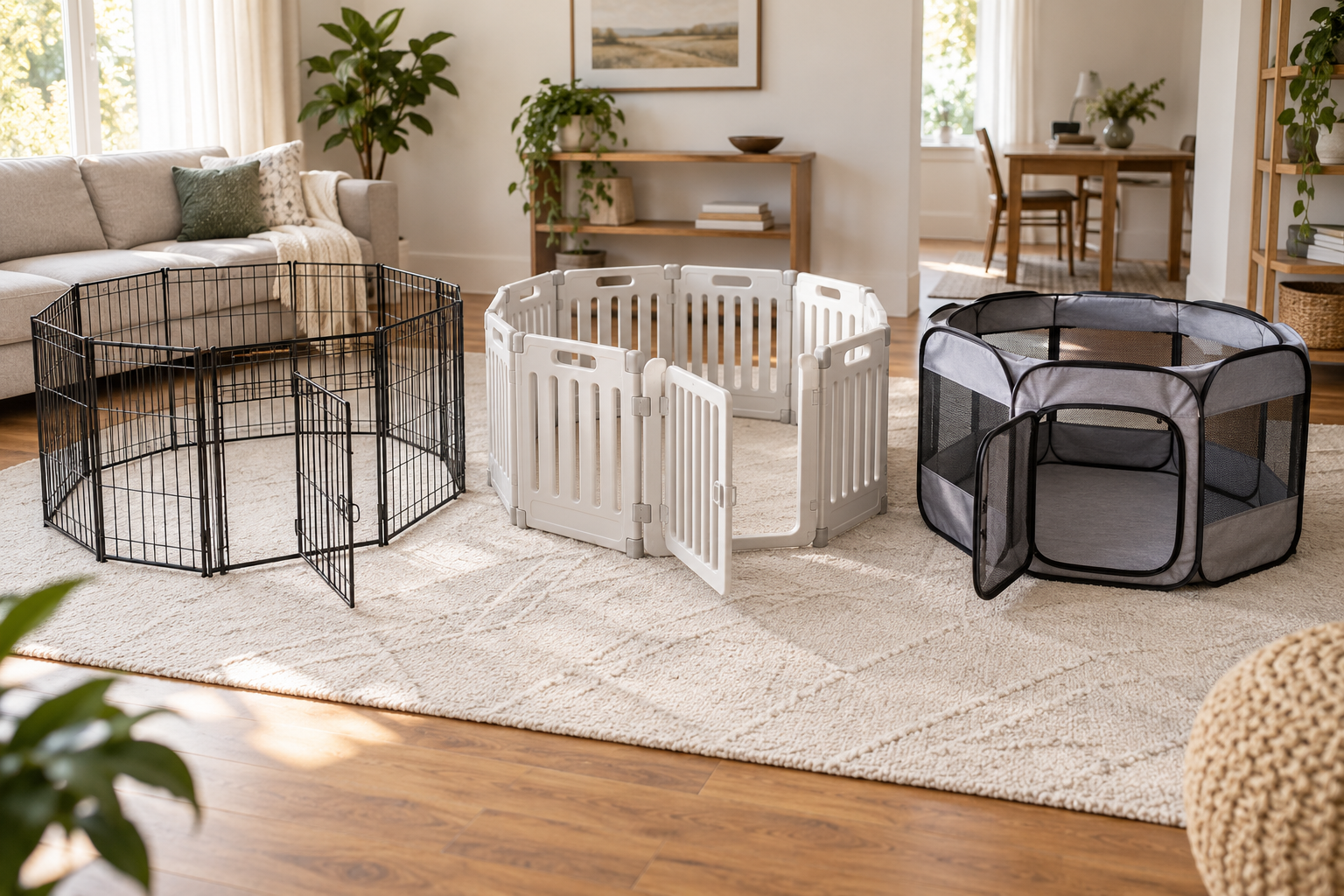 Black wire, light modular plastic, and gray fabric puppy playpens arranged on an indoor floor mat with their doors open