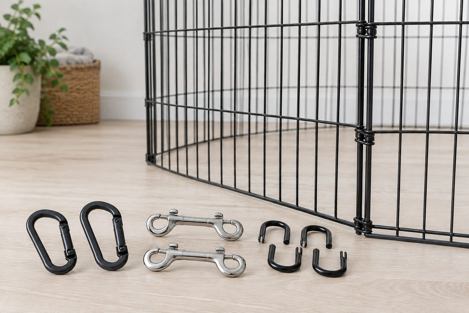 Generic locking, double-ended snap, and panel connector clips arranged beside an intact black metal pet exercise pen