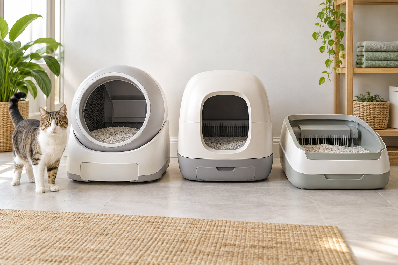 Self-cleaning litter box formats for routine scooping
