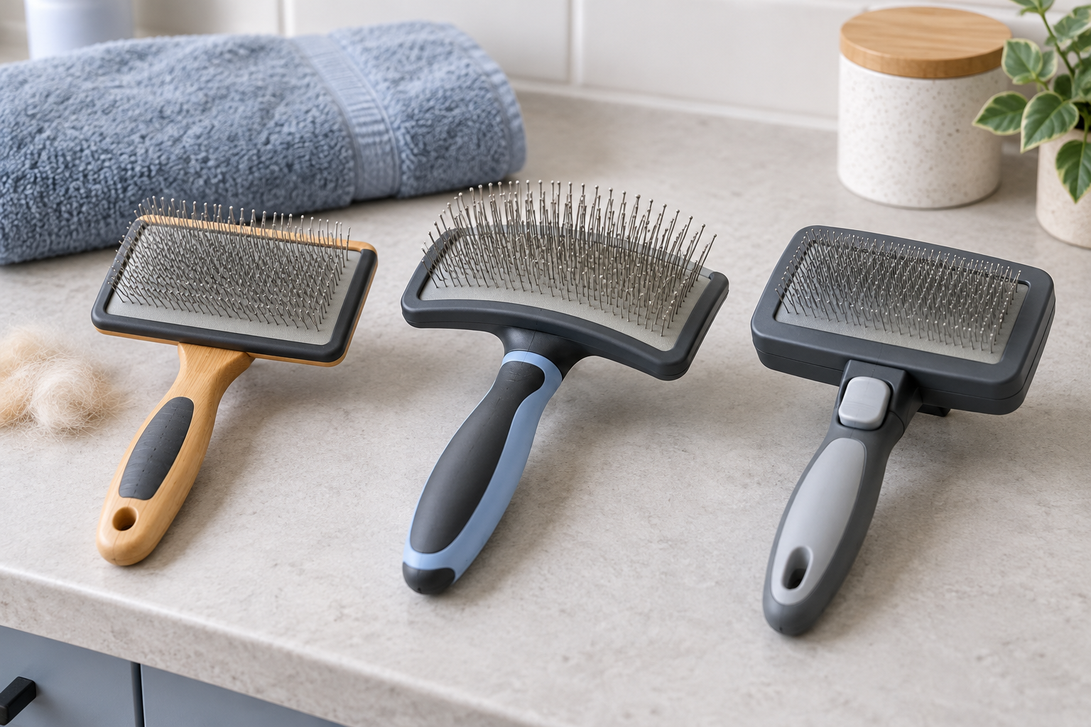 Soft-pin rectangular, long-pin curved-head, and self-cleaning slicker brushes arranged on a clean grooming counter