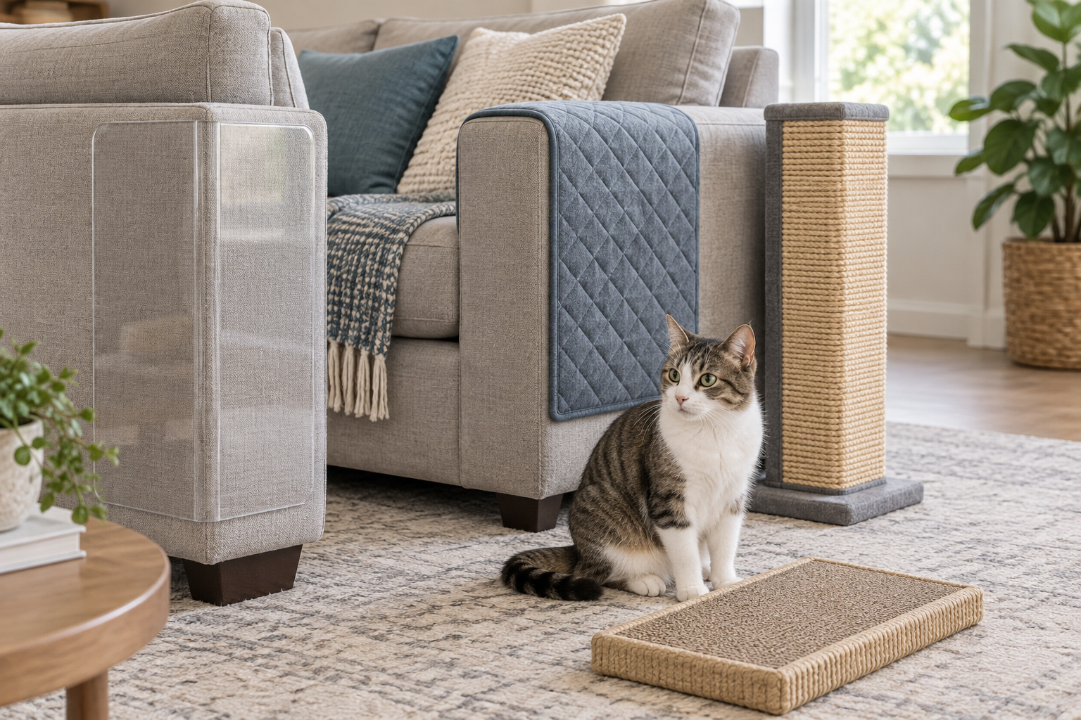 Clear corner panel, quilted fabric arm cover, and freestanding sisal guard beside a neutral sofa, with a cat sitting near a horizontal scratch pad