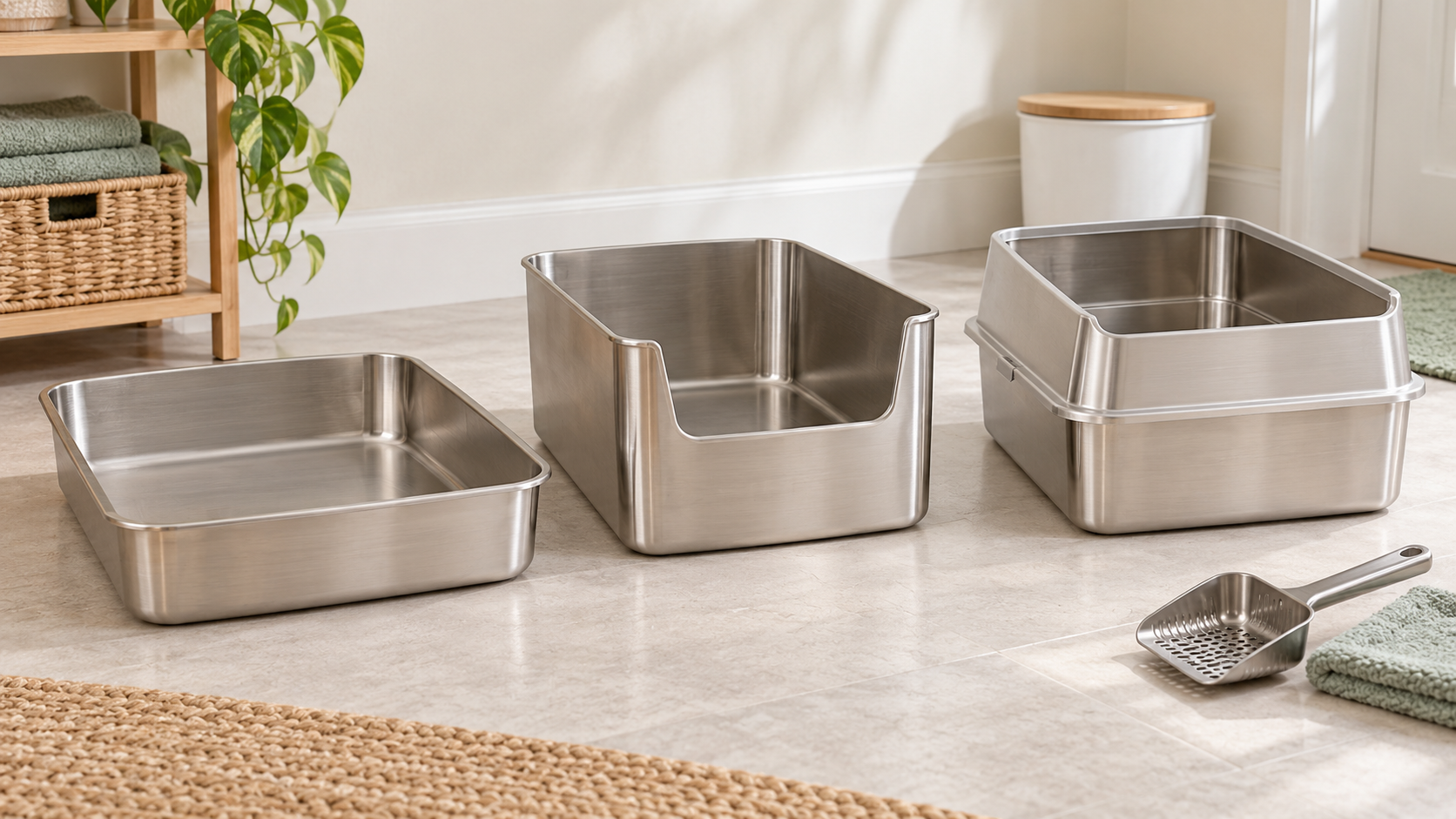 Low open, high-sided, and removable-rim stainless steel litter boxes in a bright cat-care area
