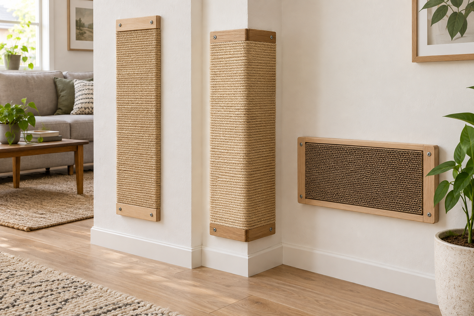 Tall sisal wall panel, sisal corner-wrap scratcher, and framed cardboard wall scratcher installed in a bright apartment