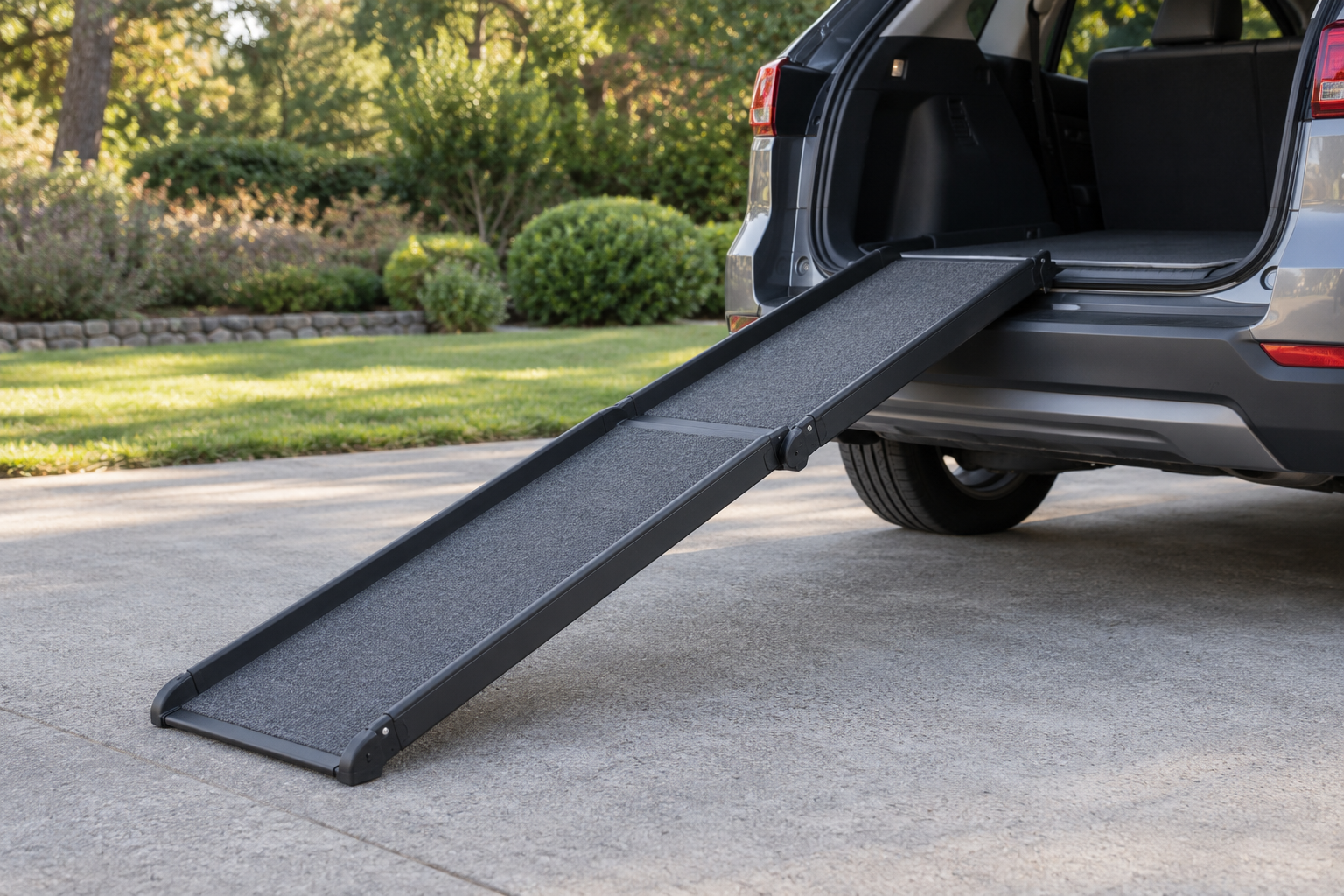 Unbranded bi-fold dog ramp fully deployed from level pavement to a parked crossover's rear sill