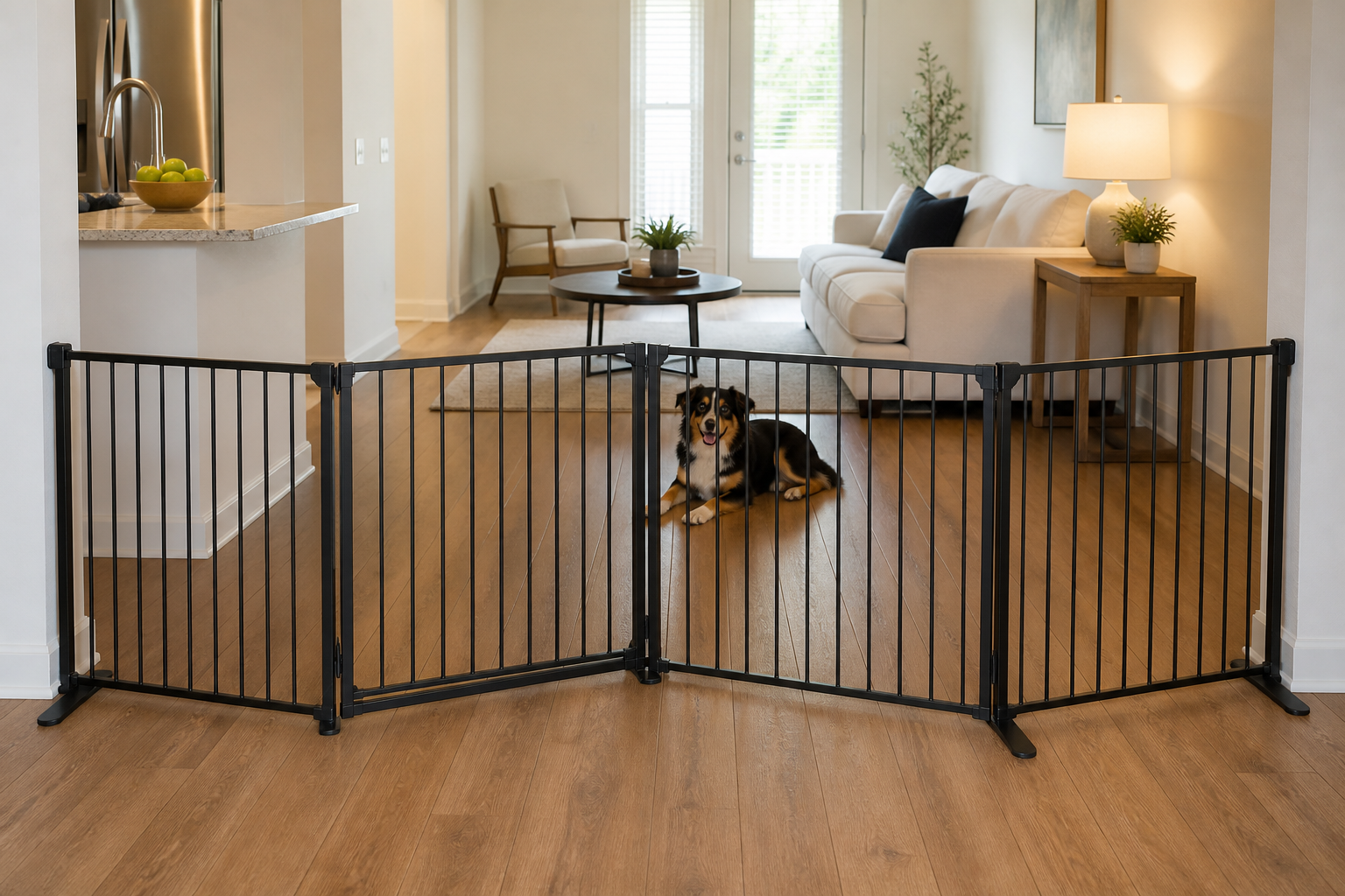 A configurable four-panel metal pet gate spanning an extra-wide apartment opening