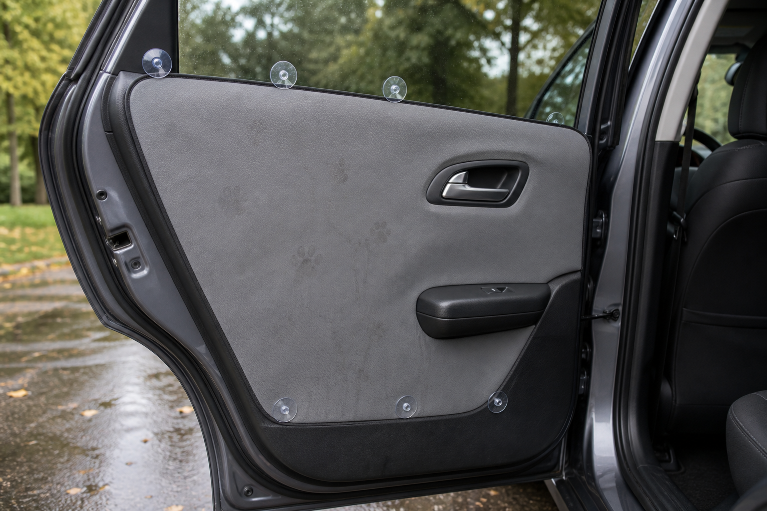 Generic gray dog car door protector secured to rear window glass with visible suction cups