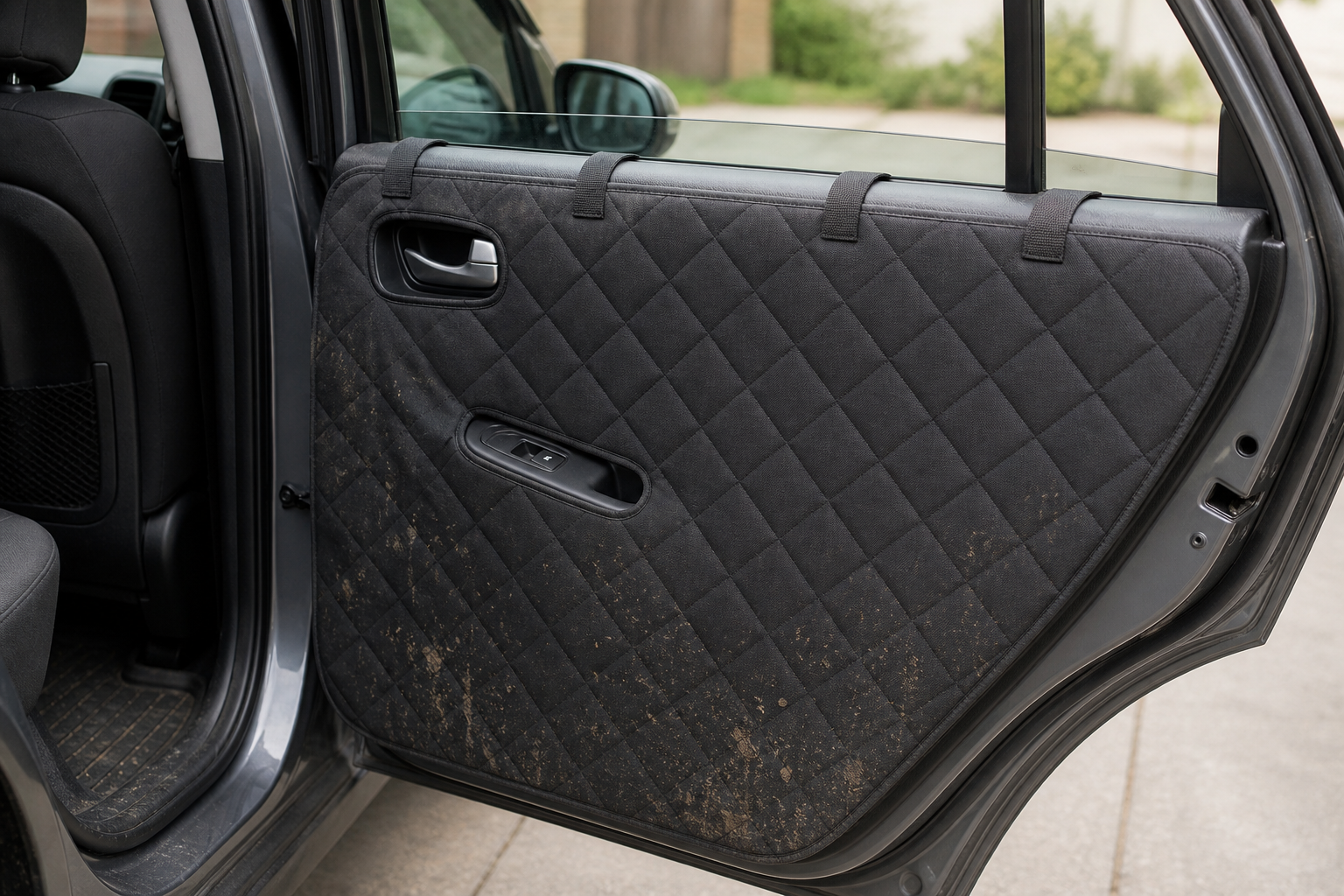 Generic tab-mounted quilted dog car door protector covering a muddy rear door panel while leaving the handle and window switch accessible
