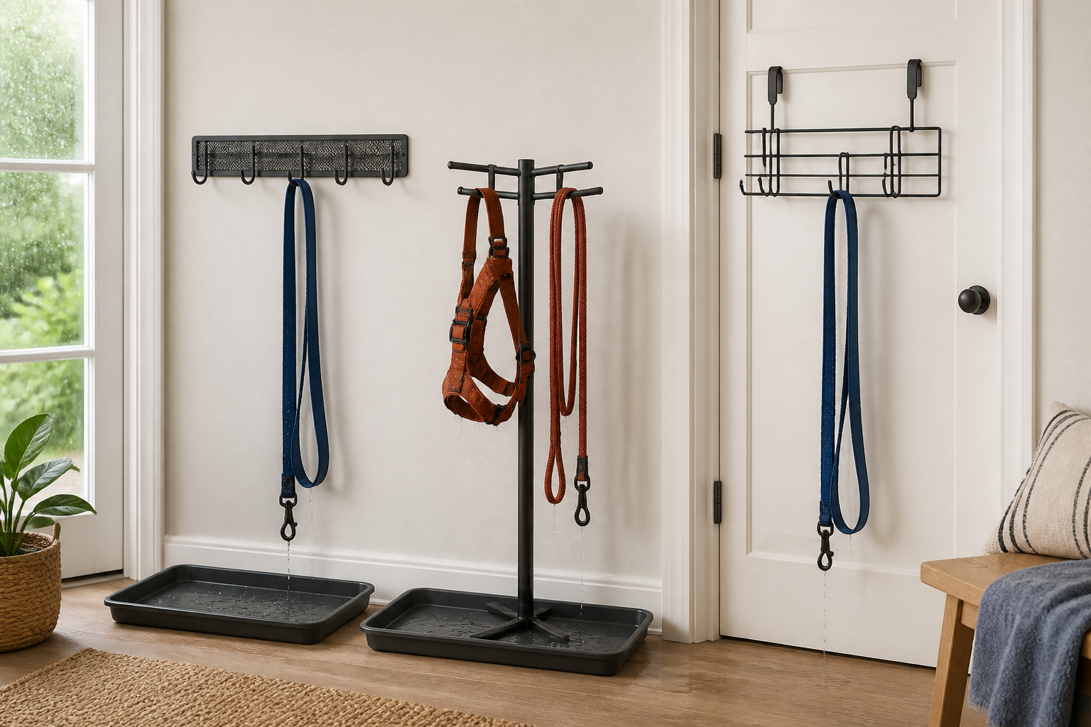 Wall-mounted rail, freestanding drip-tray rack, and over-door wire rack holding damp dog leashes with open space around them.