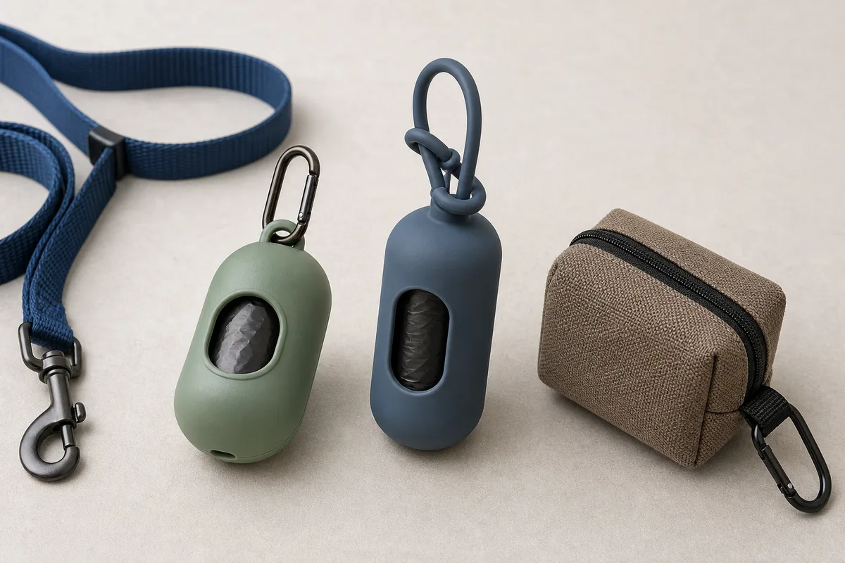 Generic hard-shell, flexible, and fabric dog waste-bag holders arranged beside a leash