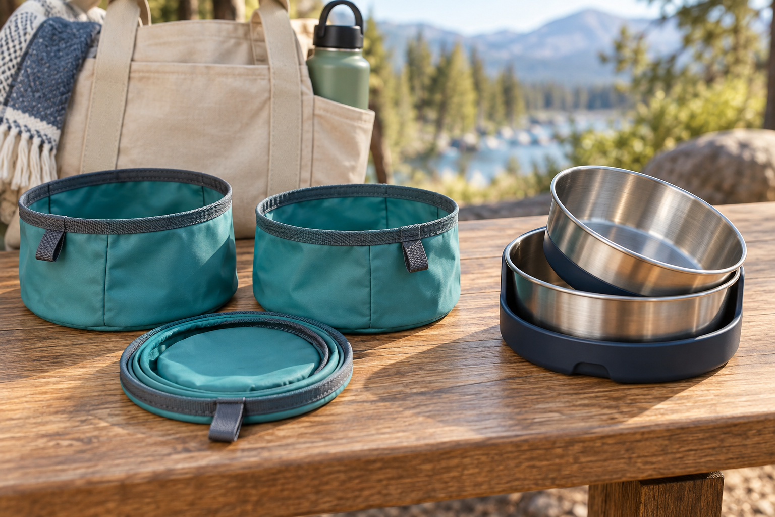 Two teal flat-folding pet travel bowls, one folded into a thin disc, beside rigid stainless bowls stacked as a nesting set