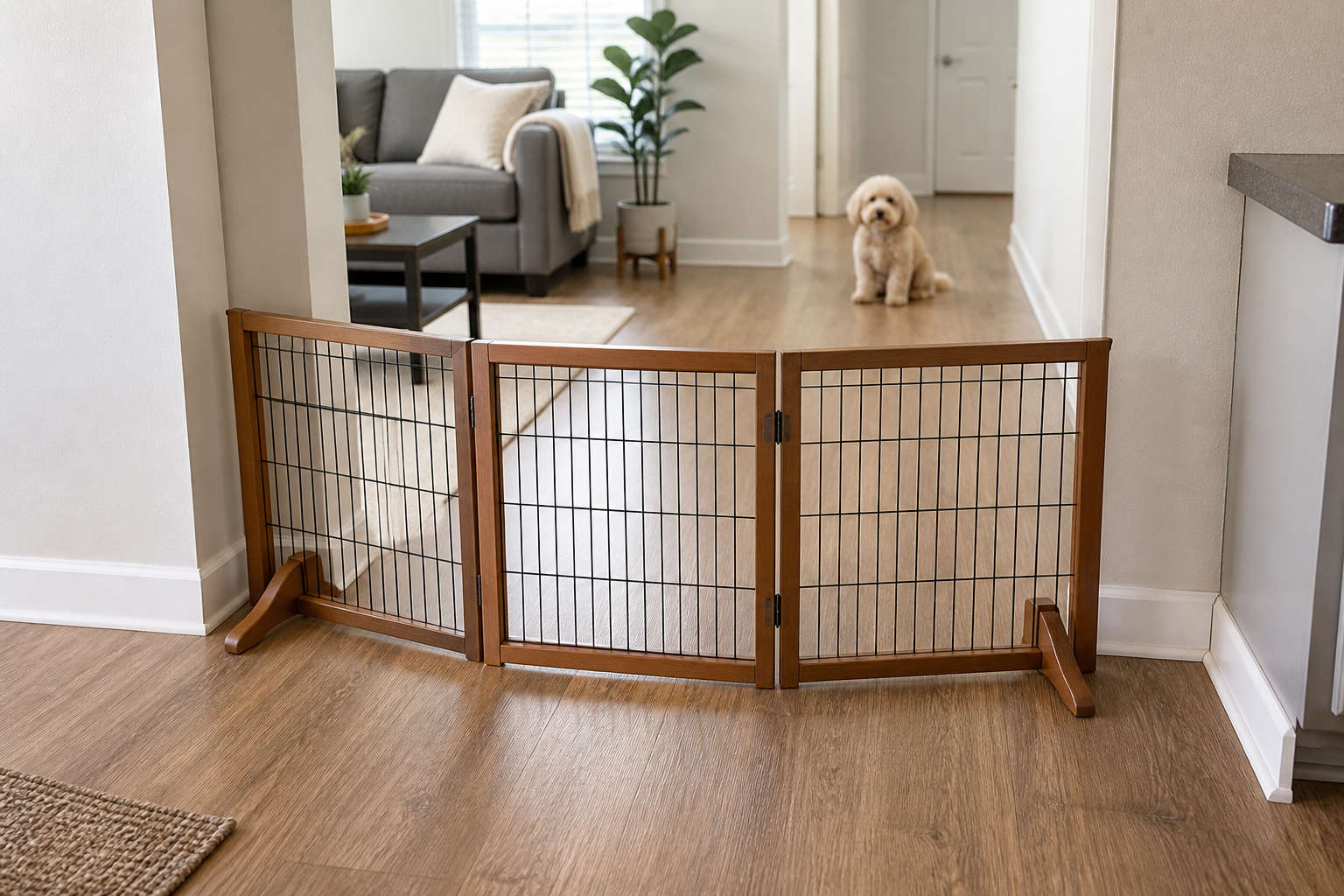 A three-panel freestanding folding pet gate across a wide apartment opening
