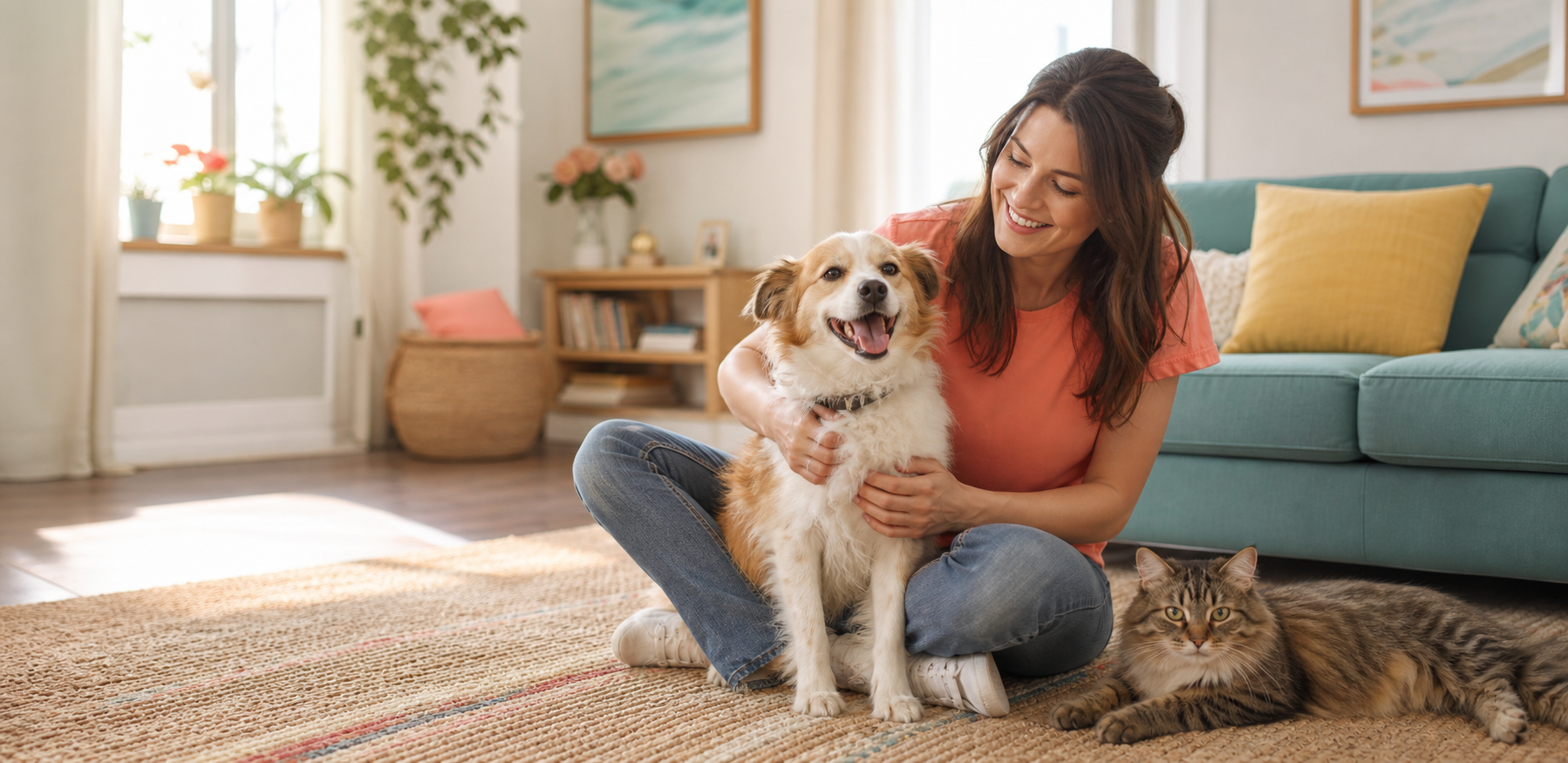 A smiling pet owner sitting in a bright living room with a happy dog and relaxed cat.
