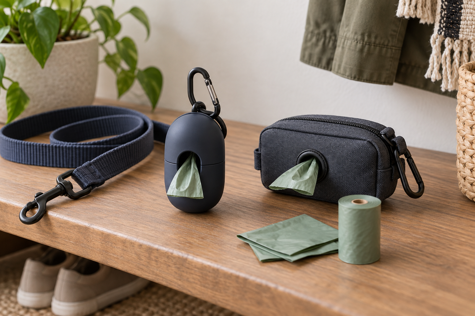 Unbranded matte hard-shell and zippered soft-pouch dog waste-bag dispensers beside a leash, unused bags, and a standard roll