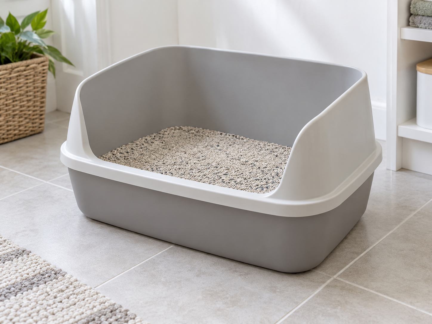 Open seamless high-sided litter pan with tall back walls and a lowered front entry