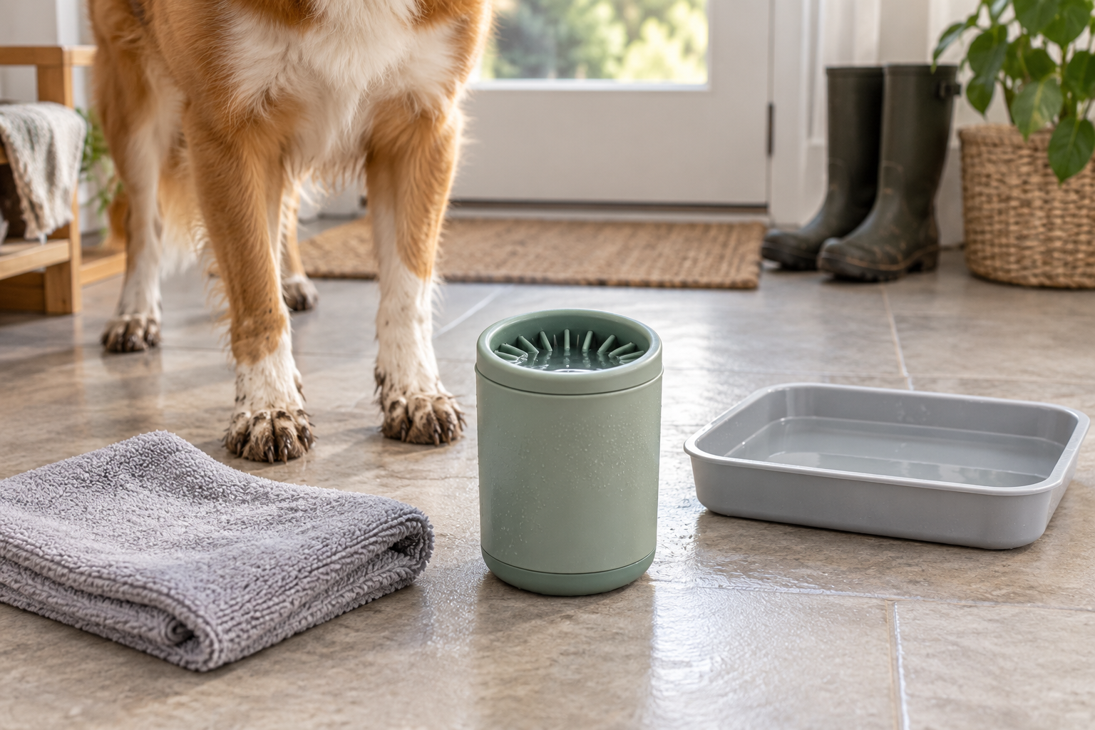 Unbranded silicone dog paw cleaner cup beside a folded towel and shallow rinse tray after a muddy walk