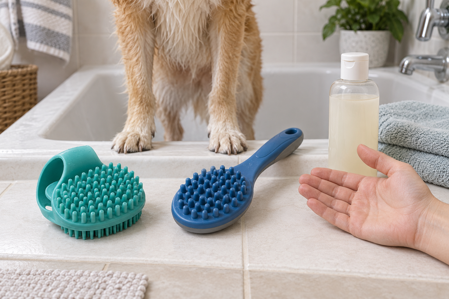 Teal silicone palm brush and blue handled rubber dog bath brush beside an open hand, shampoo bottle, towel, and calm dog at a home tub