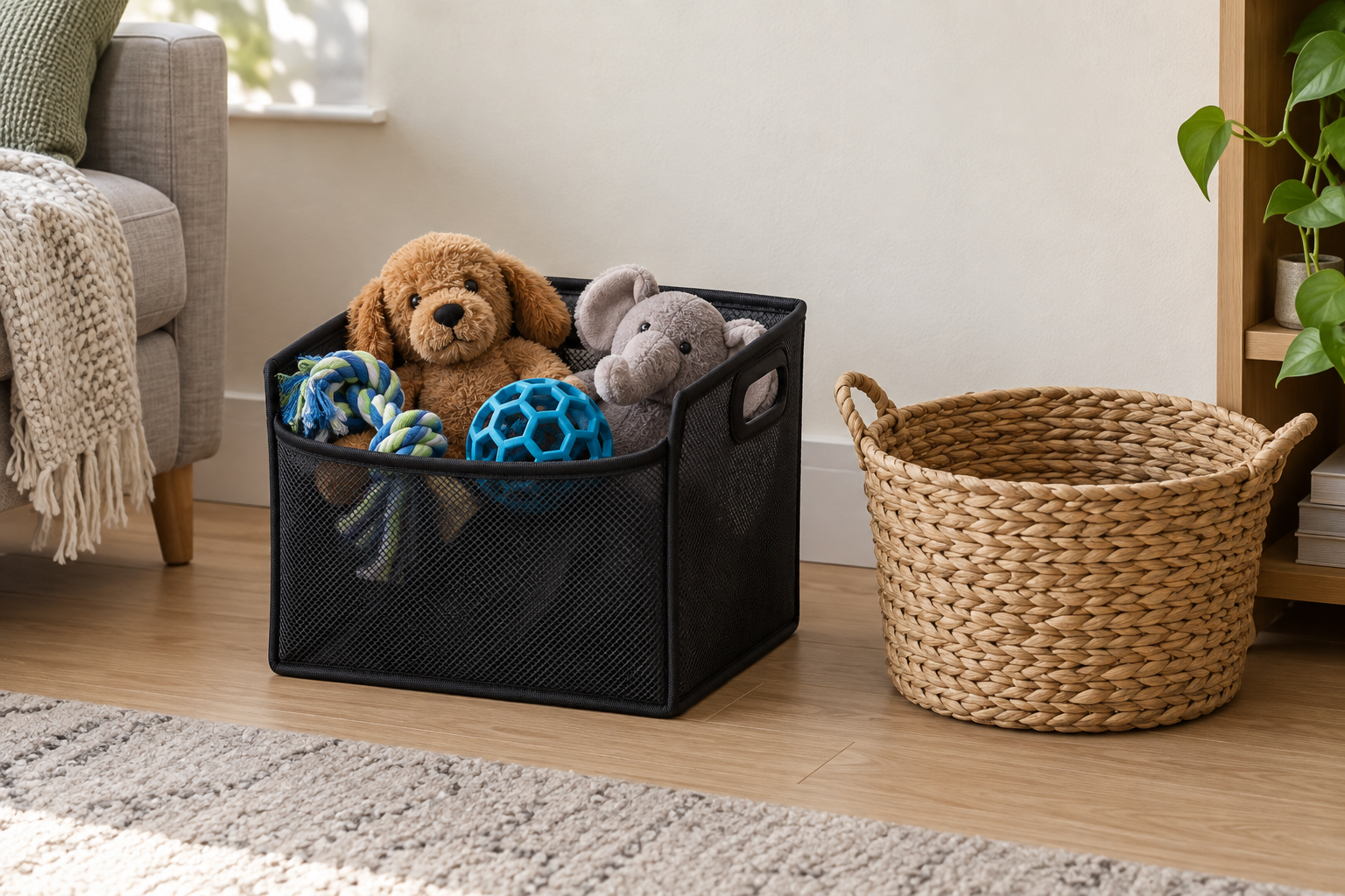 Black structured mesh pet toy bin holding intact balls, rope, and plush toys beside an empty woven household basket