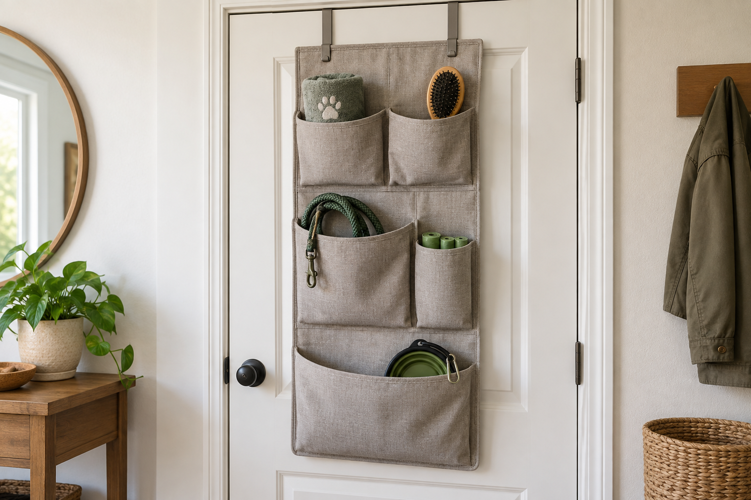 Neutral fabric over-door organizer holding a folded pet towel, leash, brush, sealed waste-bag rolls, and collapsible bowl on a light interior door