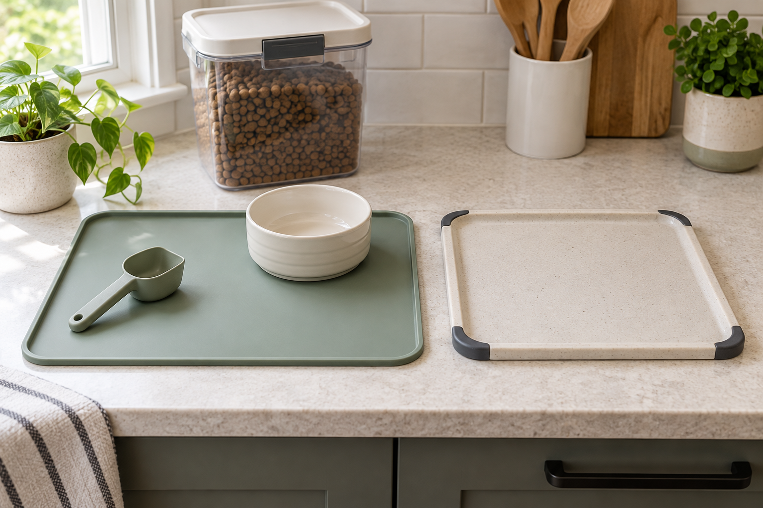 Sage silicone pet food preparation mat with a scoop and bowl beside a washable household tray on a clean kitchen counter