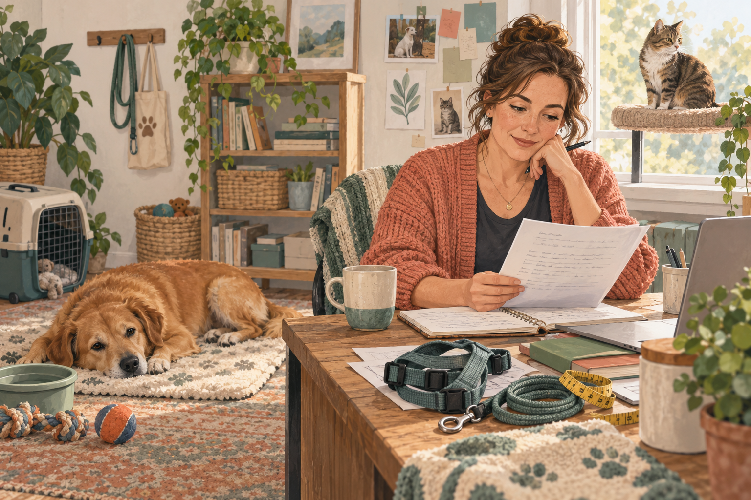 Illustration of the publication editorial desk reviewing pet gear notes at a home desk, with a dog resting nearby and a cat on a window perch.