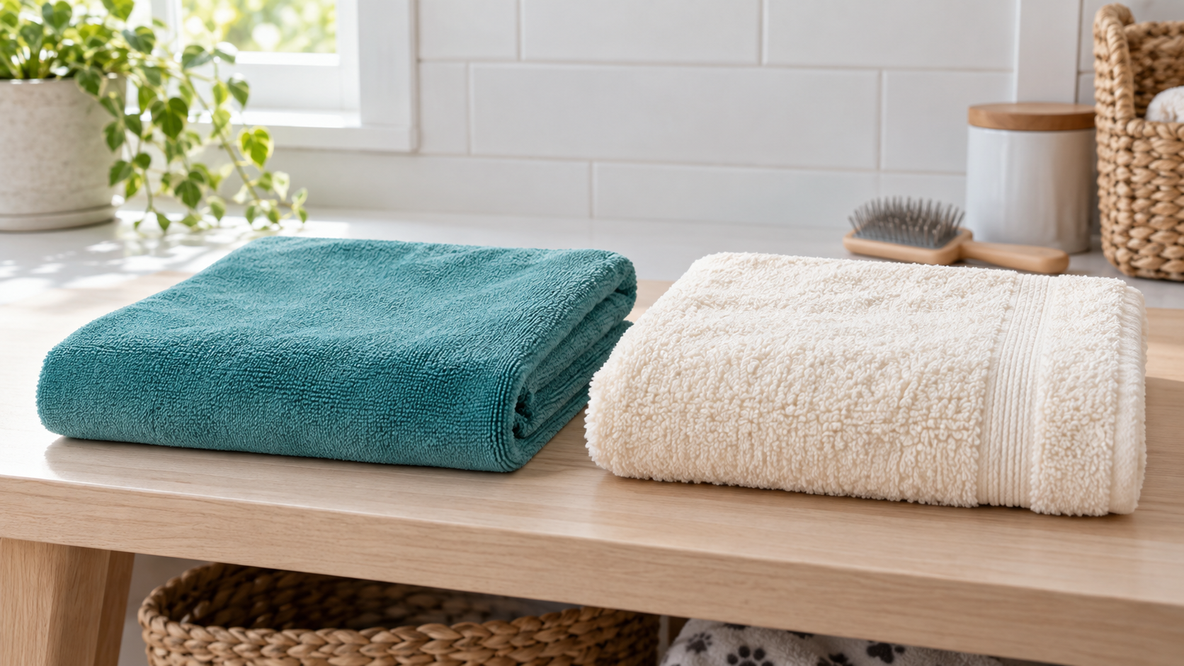 A teal fine-pile microfiber towel and cream looped cotton terry towel folded side by side in a bright pet bath area