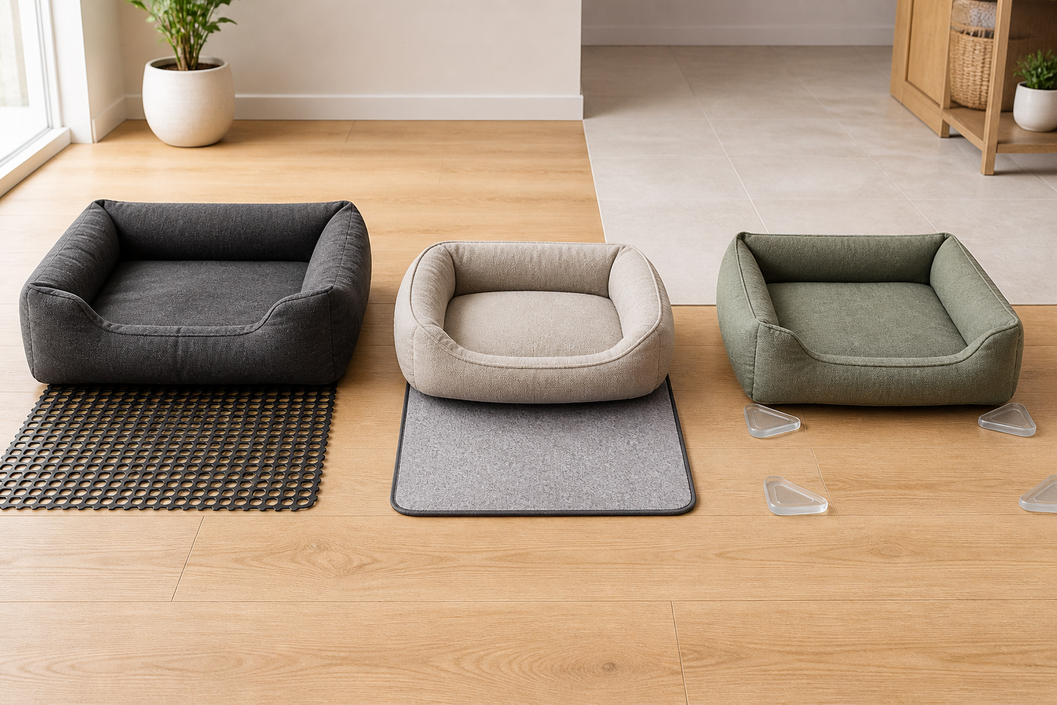 Black mesh, gray felt-and-rubber, and clear corner-grip underlays shown partly beneath three pet beds on clean hard flooring.