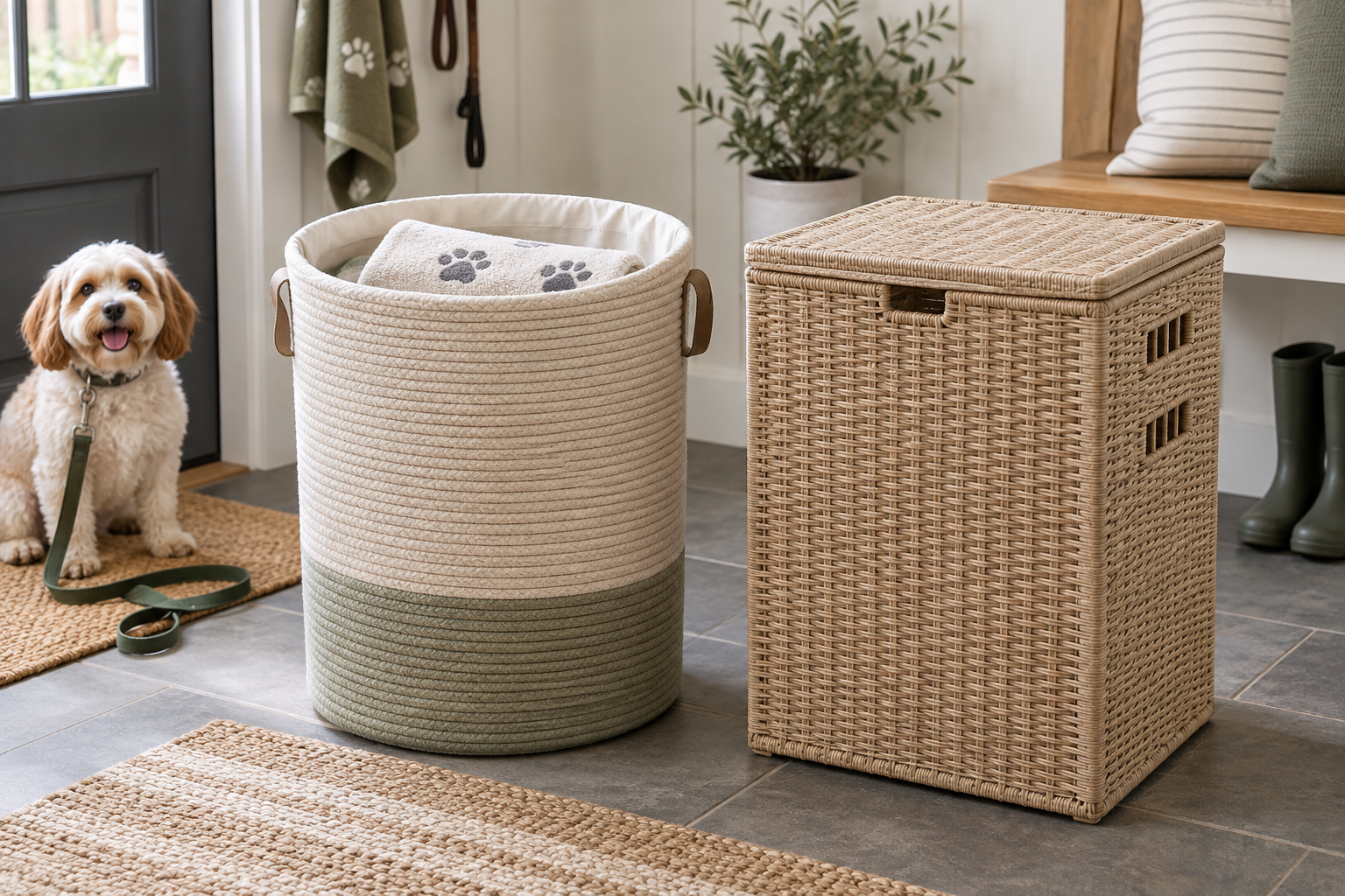 Open lined hamper and closed woven lidded hamper side by side in a bright dog-walking entryway