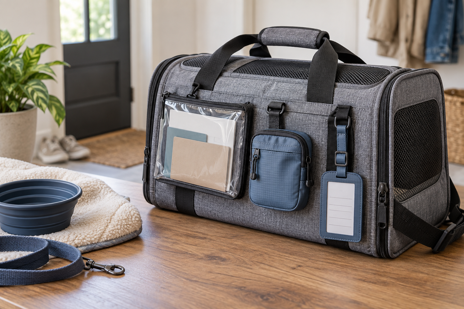 Gray soft-sided pet carrier with a clear document pouch, compact enclosed pouch, and covered luggage-style ID sleeve attached for comparison
