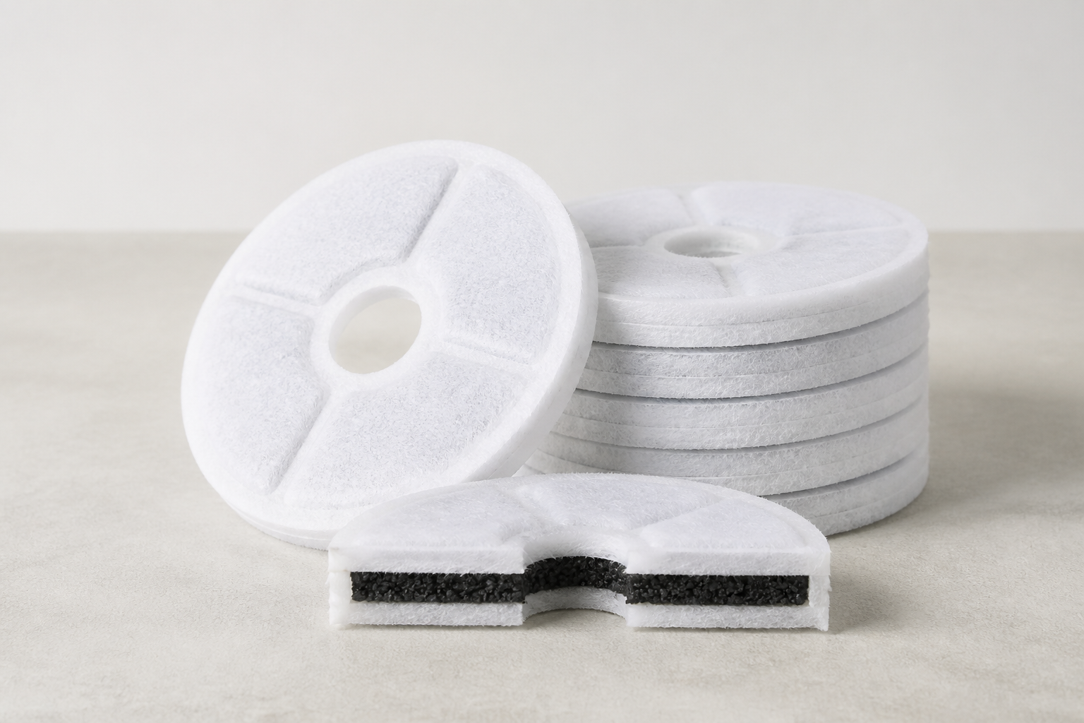 Generic round layered replacement filters used to compare pet fountain filter shape, center opening, diameter, and thickness