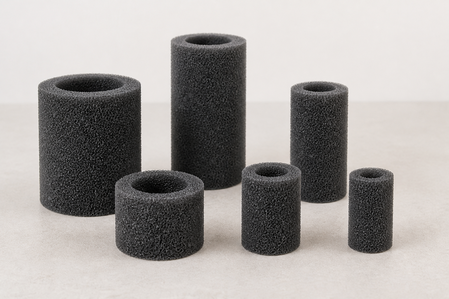 Generic dark porous foam sleeves in several sizes for comparing pet fountain pump pre-filter fit