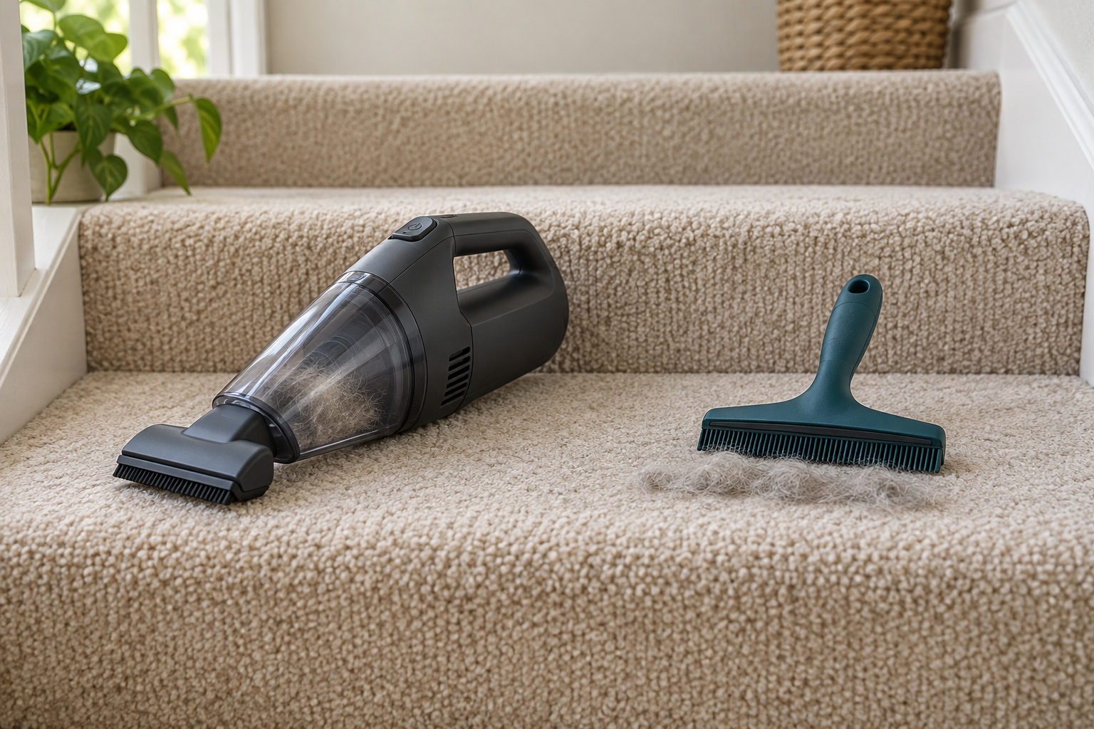 Unbranded compact handheld vacuum and teal rubber pet-hair squeegee arranged side by side on beige carpeted stairs