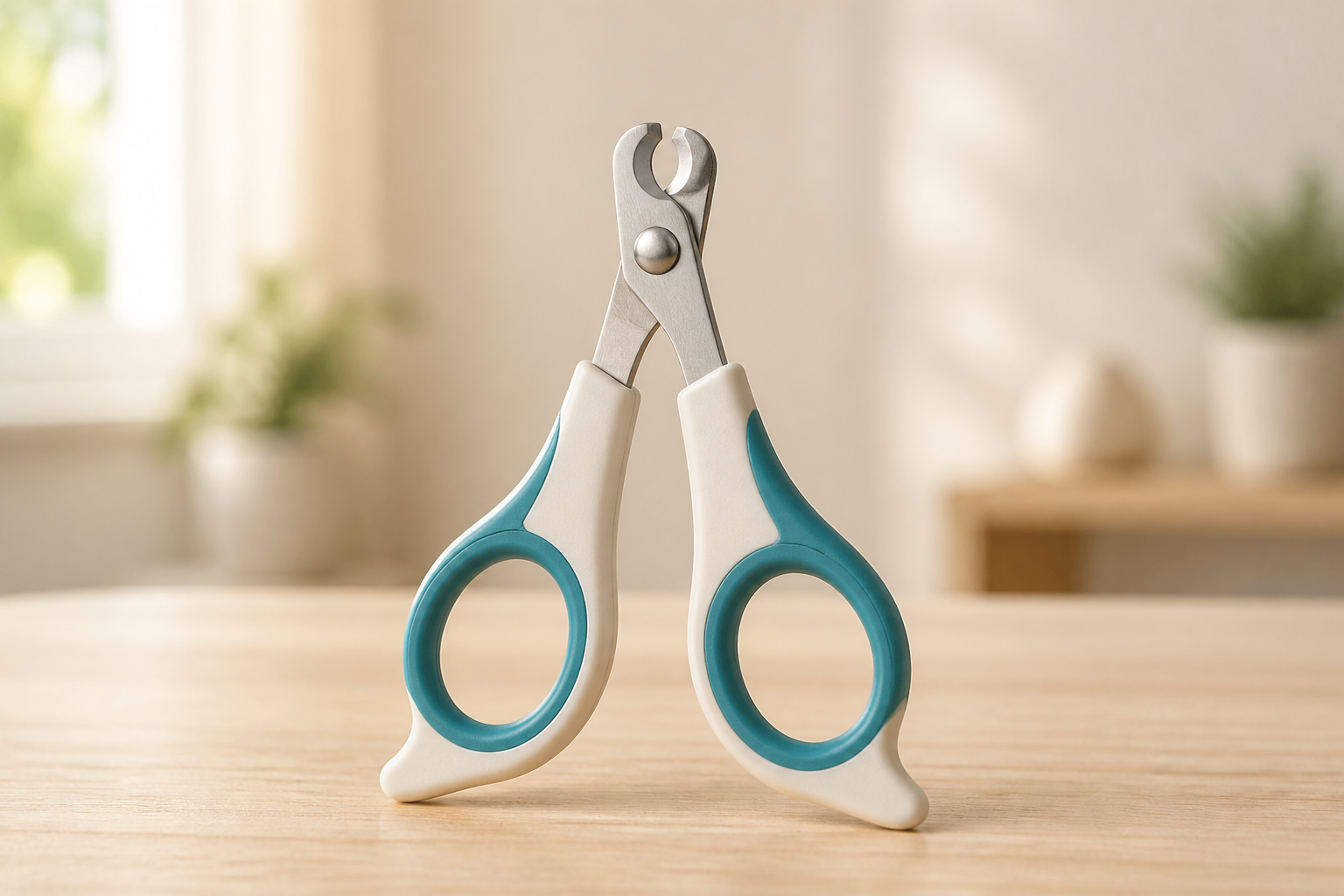 Generic small scissor-style pet nail clippers on a light wood surface for comparing beginner nail-care tools