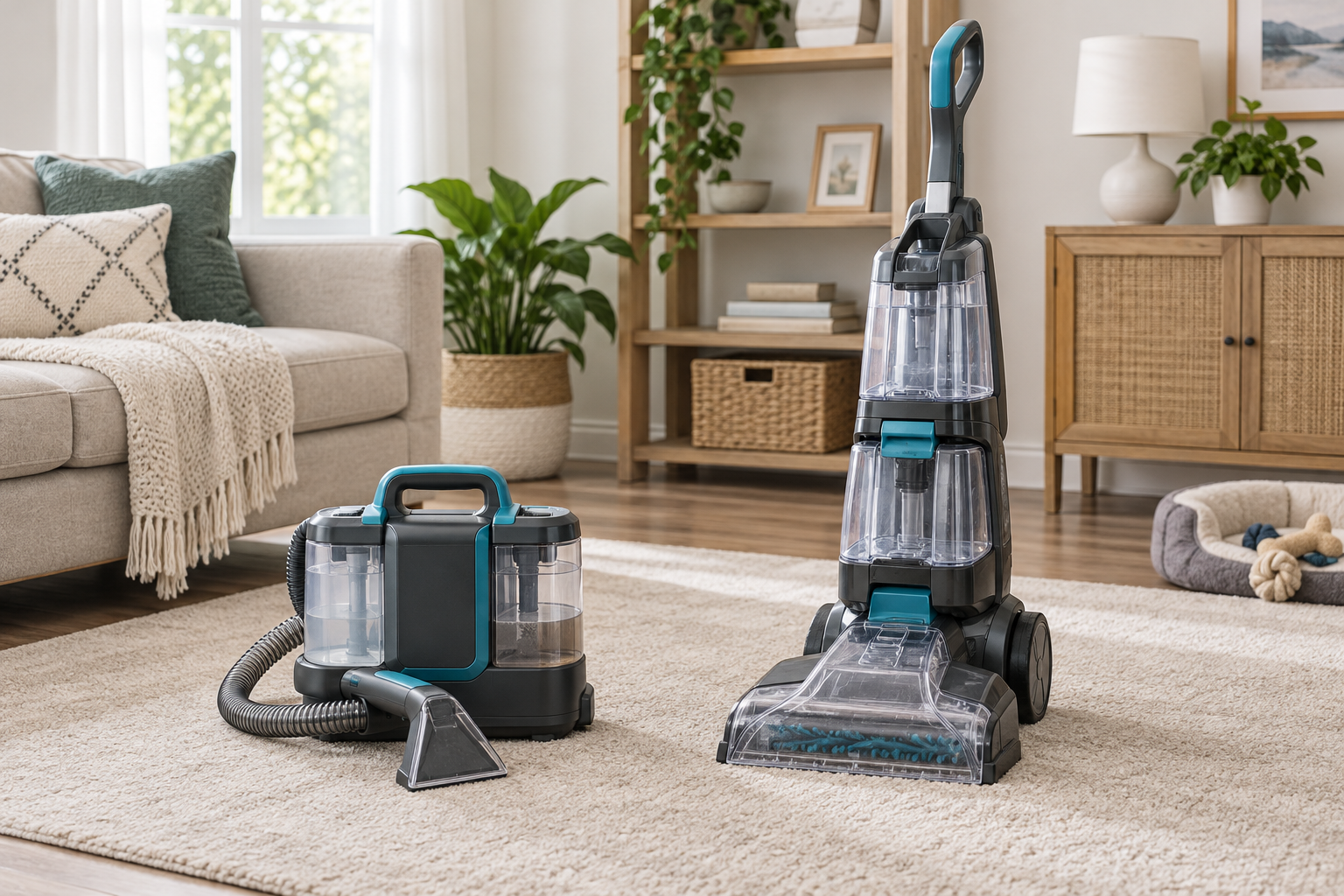 Unbranded compact portable carpet spot cleaner and full-size upright carpet extractor side by side on a light living-room rug