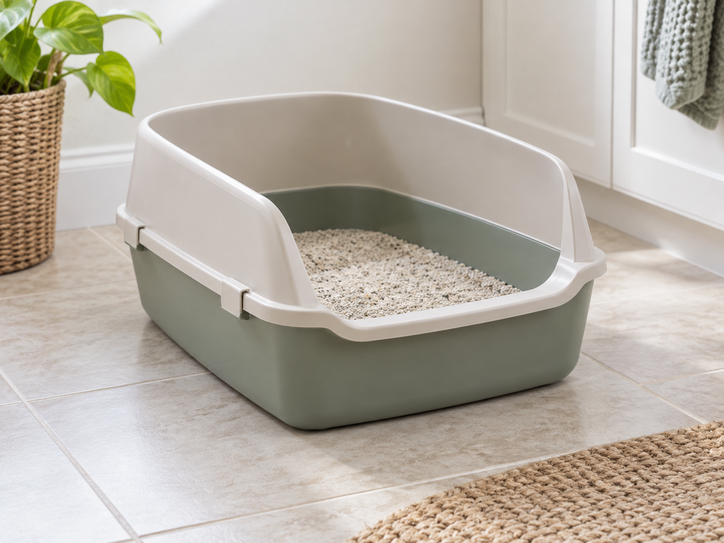 Open litter box with a removable high rim, visible clips, and a lowered front opening