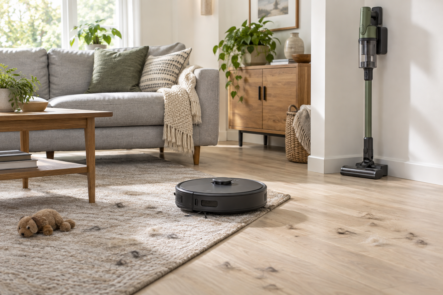 Robot vacuum and cordless vacuum shown side by side in a pet home with hard floor and a low-pile rug.
